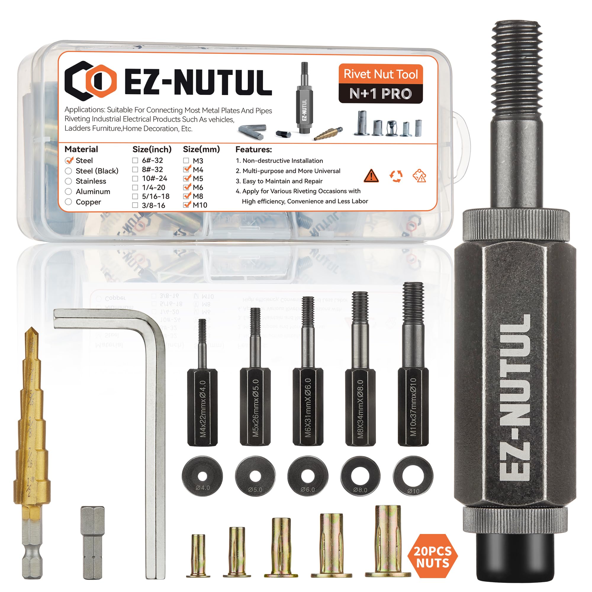 Multi-Grip Rivet Nut Installation Tool Set Pre-Bulbed Shank Flat Head Threaded Insert Nut Plus Nuts Assortment Kit Cross Rivnut for Construction Industrial (Metric Plus Nut Tool Assortment)