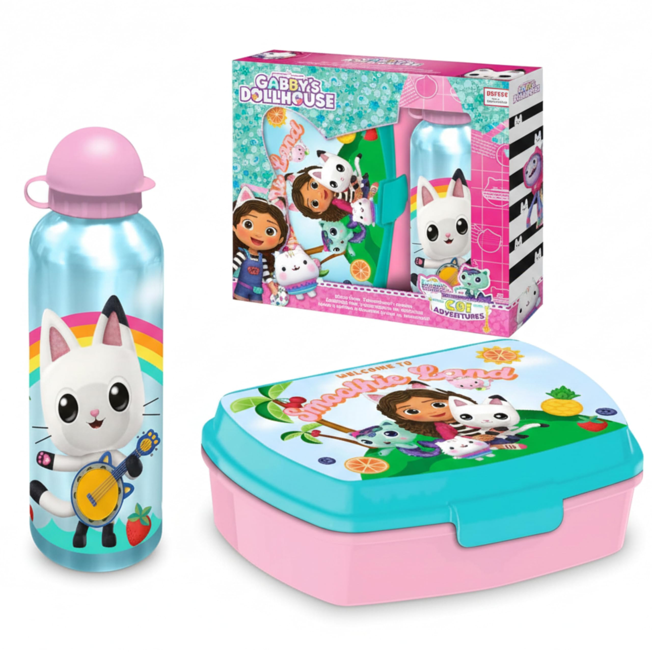 SRV Hub Gabby’s Dollhouse Kids Lunch Box & Aluminium Water Bottle Set – BPA-Free Plastic Snack Box & 500ml Leak-Proof Sports Bottle – Lightweight, Christmas Gifts School Lunch Set for Boys & Girls 3+