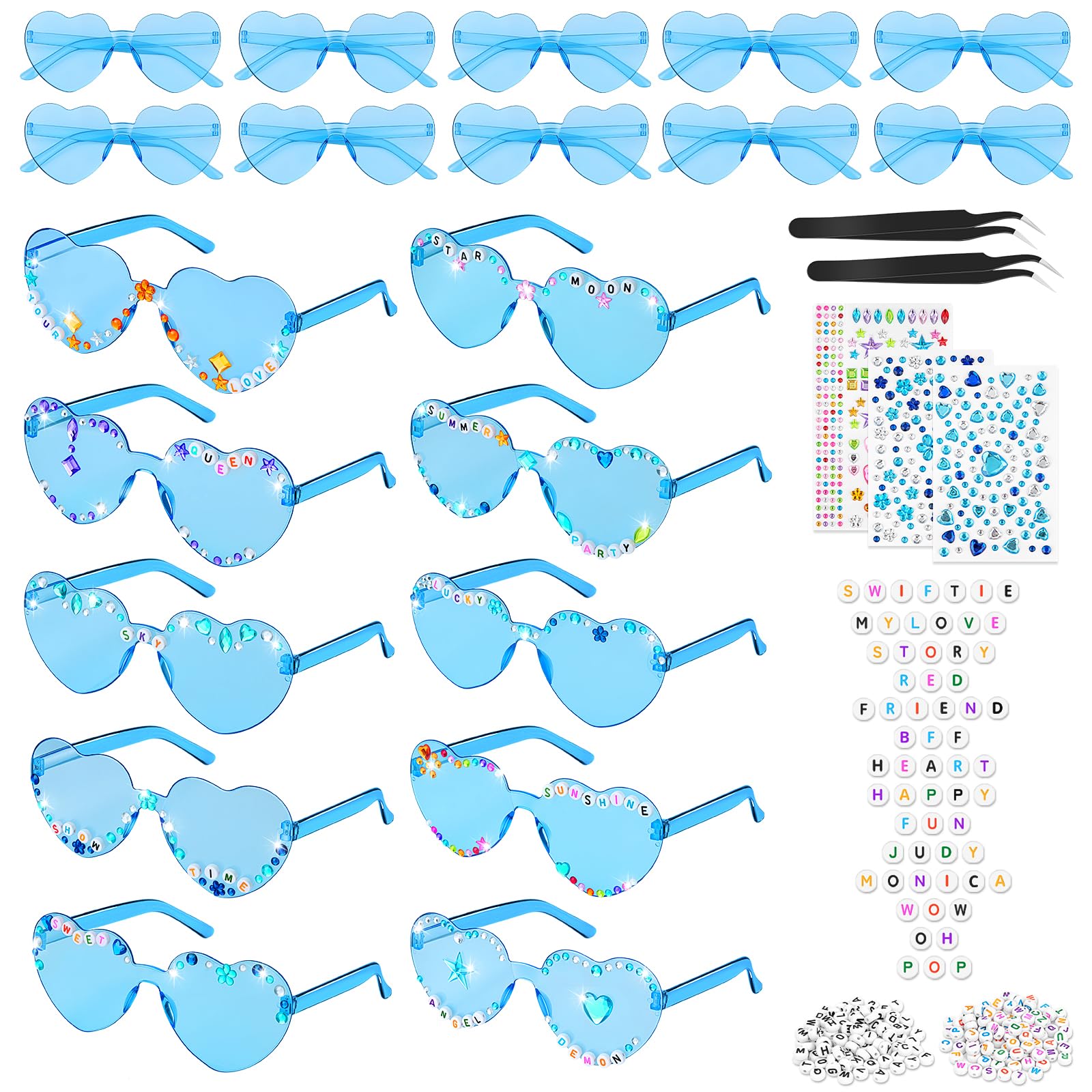 SelfTek DIY Heart Glasses, 10 Pieces Heart Sunglasses Party Glasses Heart Shape Glasses, JGA Glasses for Fans 1989 Era, Heart Shape Sunglasses for Party Wedding Carnival (10PCS-DIY Blue)