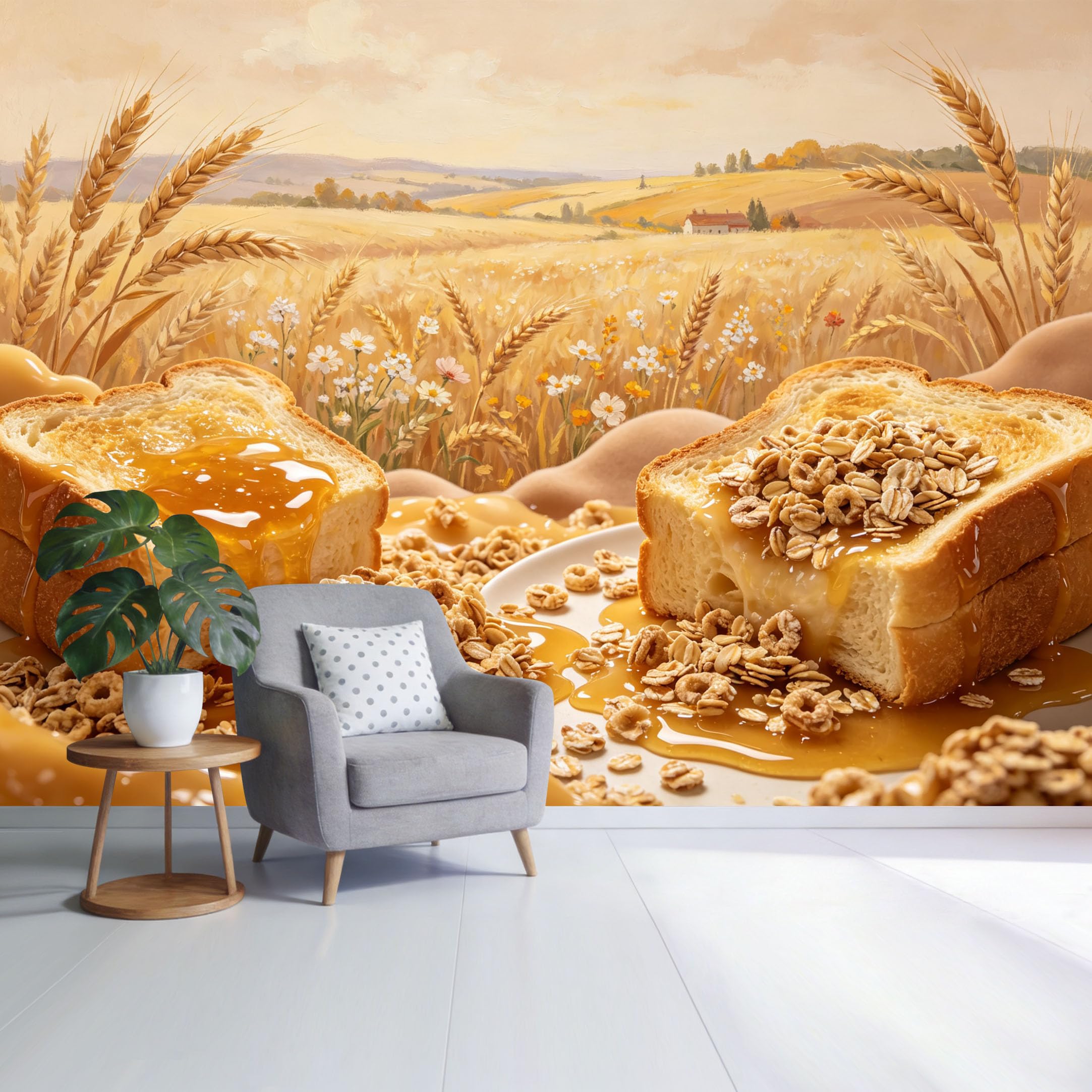 Custom Size Wall Mural Golden Wheat Field Breakfast Honey Toast Landscape Botanical Rustic Farmhouse Style SelfAdhesive Wall Fabric Removable Wallpaper for Home Office Decor