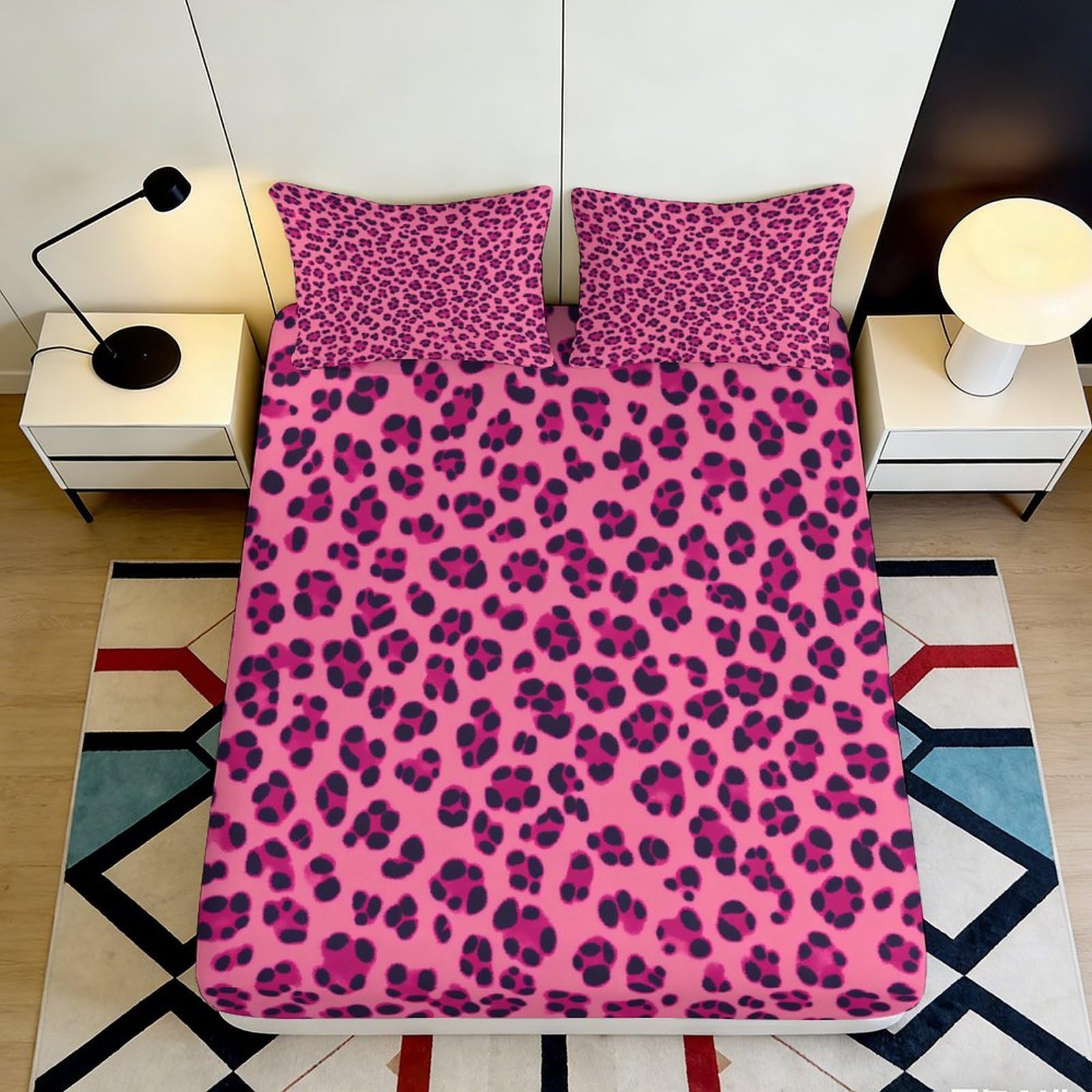 Uynsixtme Style-5 3D Printed Pink Leopard Fitted Sheet Microfiber Deep Pocket Non-Slip Bedroom Bedding Leopard Mattress Fitted Cover Full Wrap Washable 90X200x25cm