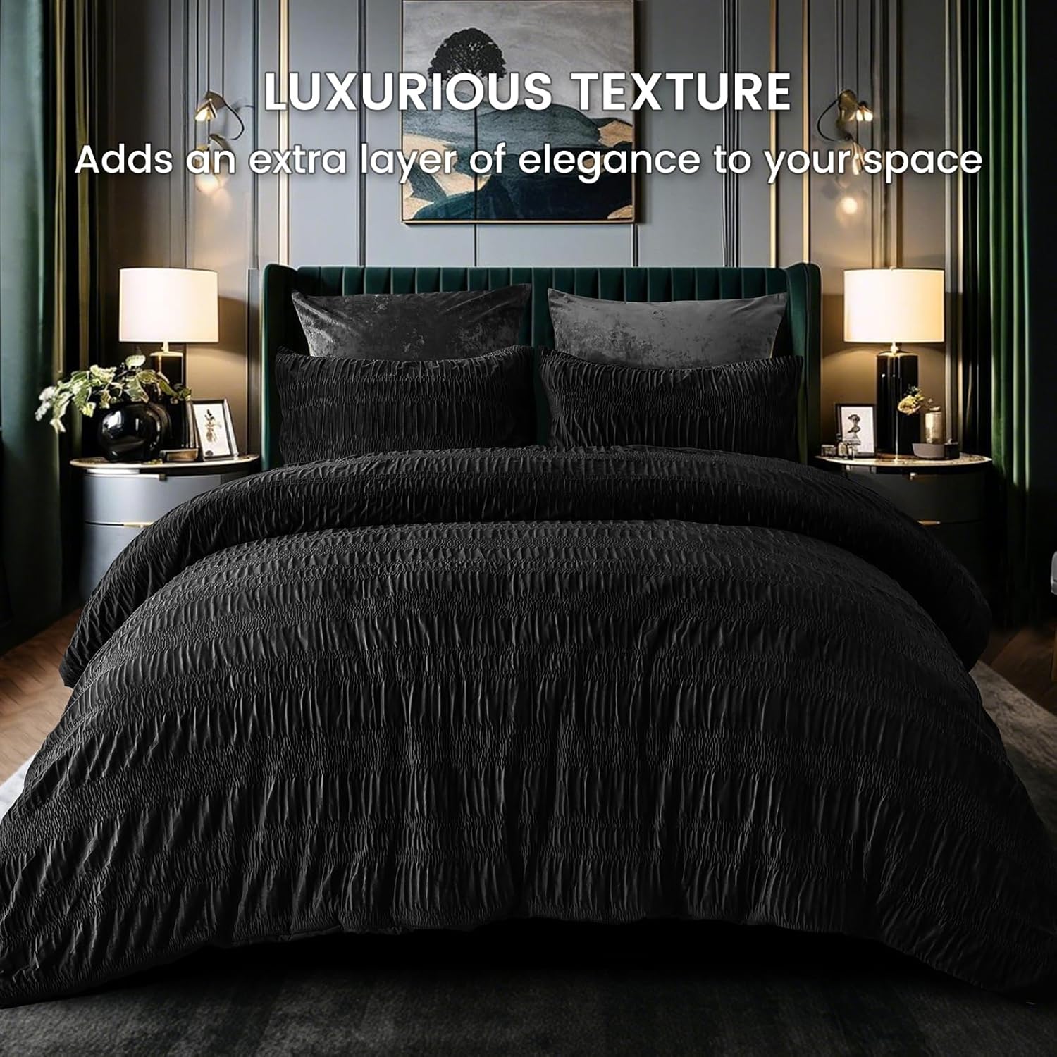 PHF Luxury Velvet Comforter Set Queen Size, 3 Pieces Ultra Soft Seersucker Ruched Bedding, Fluffy Textured Breathable Sherpa Fleece Bed Set with 1 Comforter, 2 Pillow Shams, 90"x90", Black