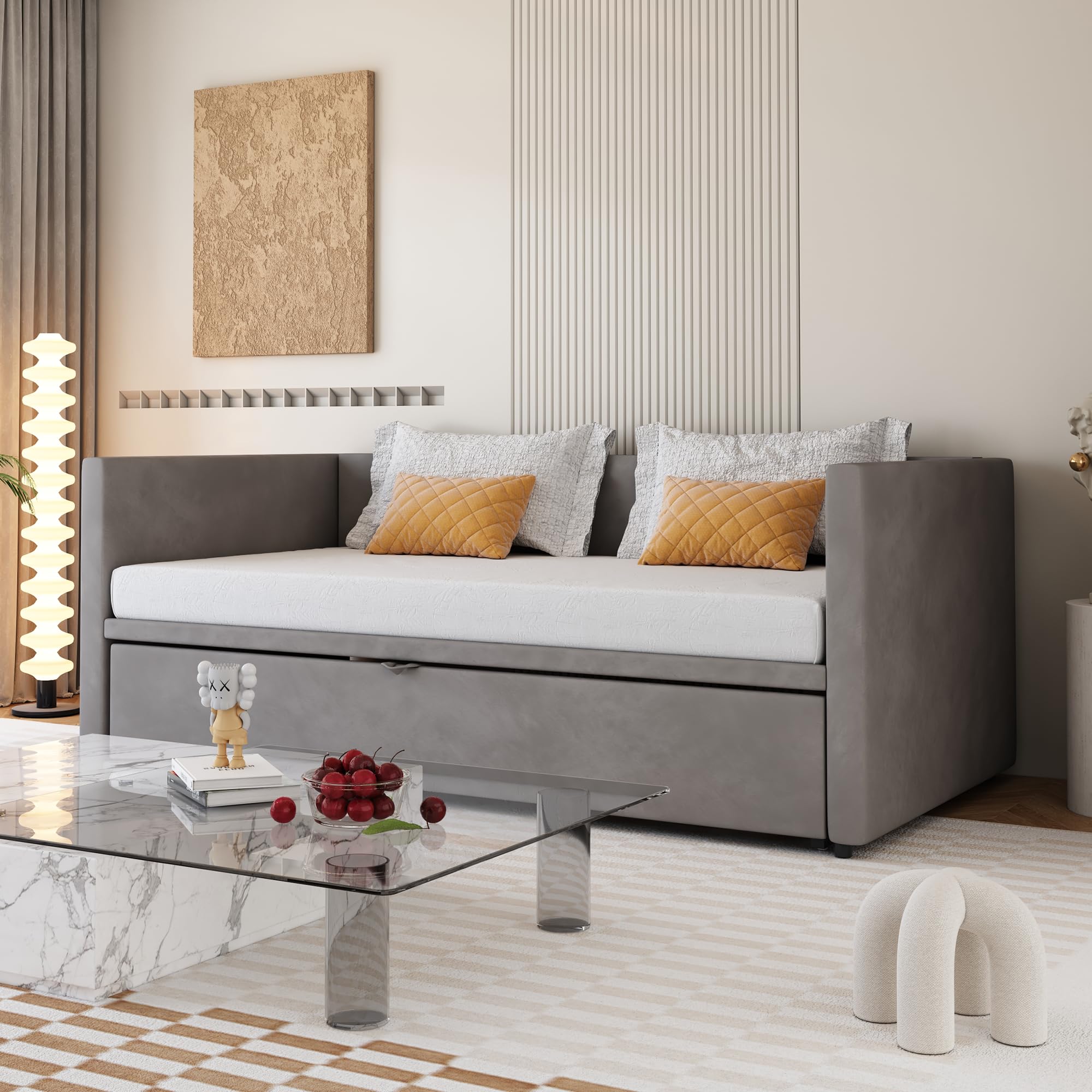 Dolamaní Tagesbett 90/180x200 cm mit Gästebett, Ausziehbett Gleiche Höhe, Bett Ausziehbar zum Doppelbett, Schlafsofa für Erwachsene 2 Personen (Dunkel-Grau)