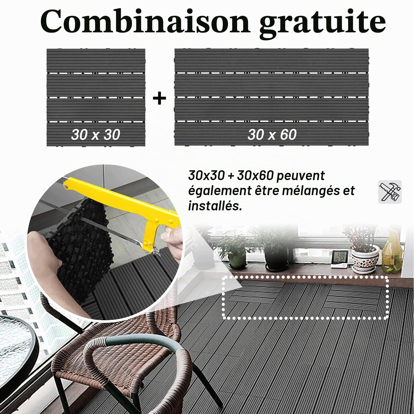 LZQ Dalles de Jardin clipsables en Bois Composite WPC Anthracite 30 x 60 cm Revêtement de Sol extérieur Dalles pour jardin, balcon et terrasse 2 m²