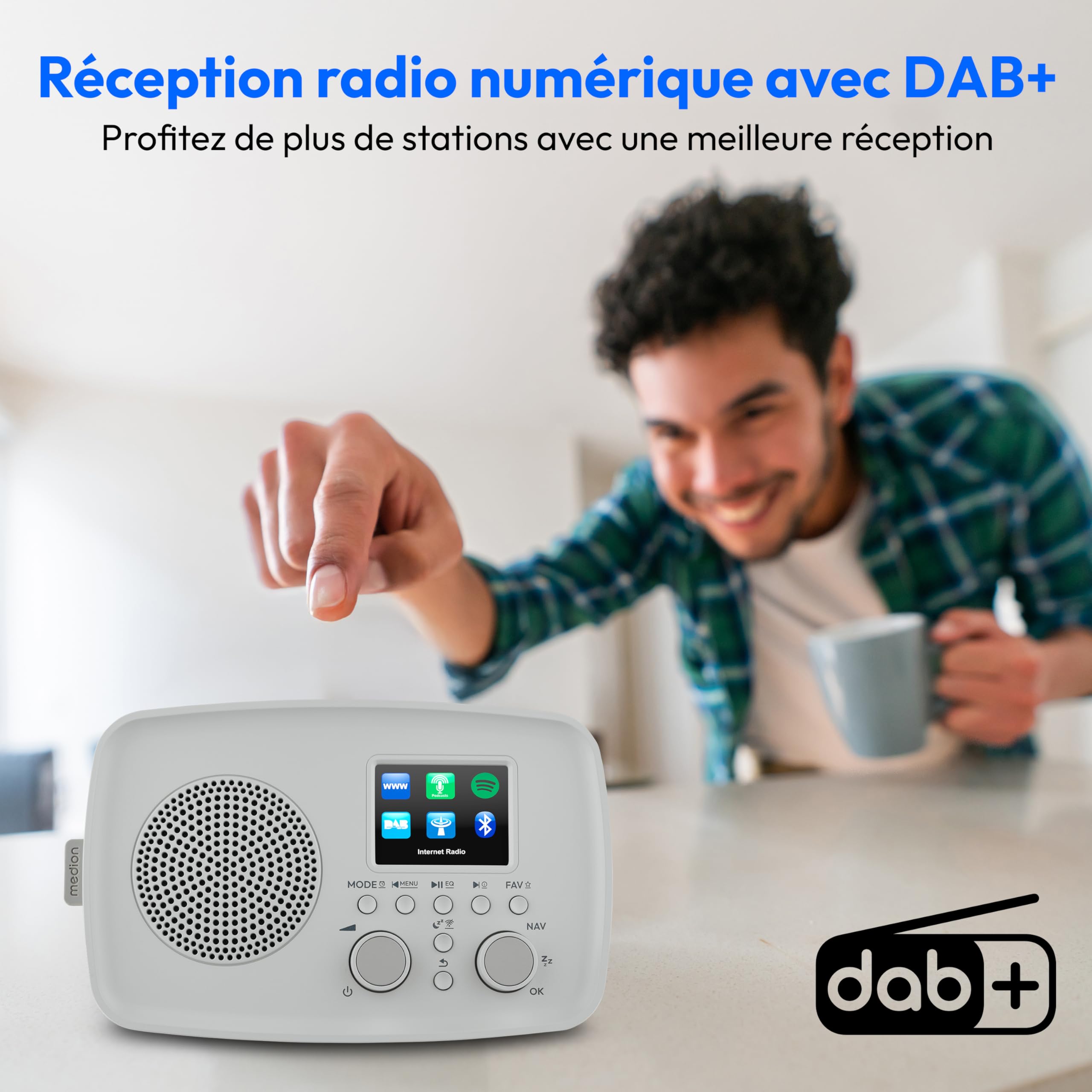 MEDION Radio Internet avec Dab+ IRE-1 (Dab+, Wi-FI, FM, Bluetooth, étanche, antenne télescopique, Spotify Connect, réveil, minuterie, dimmer) Gris