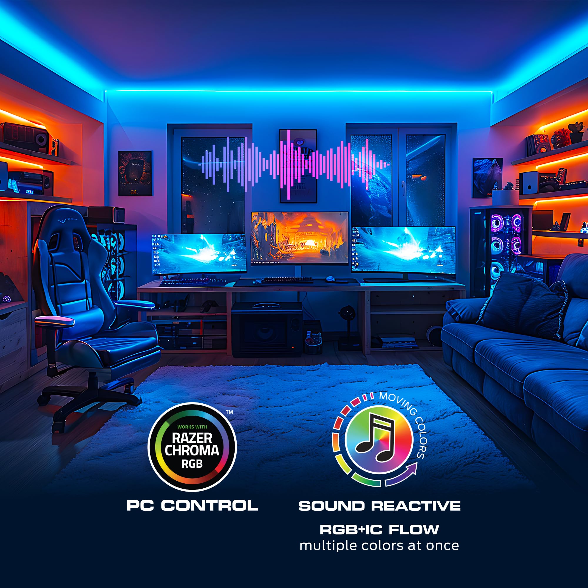 Monster Smart RGB+IC LED-Streifen: Soundreaktive Lichtstreifen für Schlafzimmer, App und Sprachsteuerung, RGB-Lichtstreifen für Zimmer, Alexa Google Home, Razer Chroma Sync, 30 m