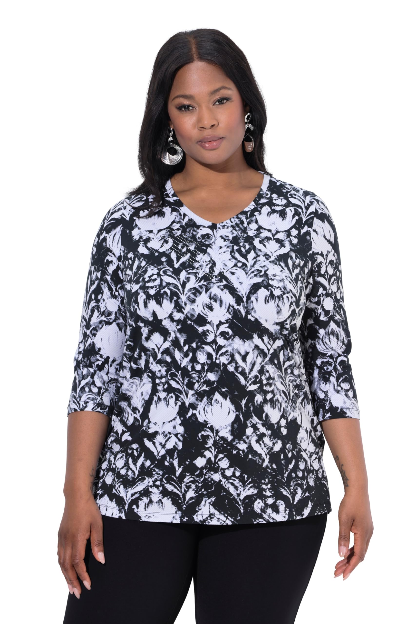 Ulla Popken Damen große Größen Übergrößen Plus Size Pima Cotton Shirt, Ziersteine, A-Linie, V-Ausschnitt, 3/4-Arm 844773