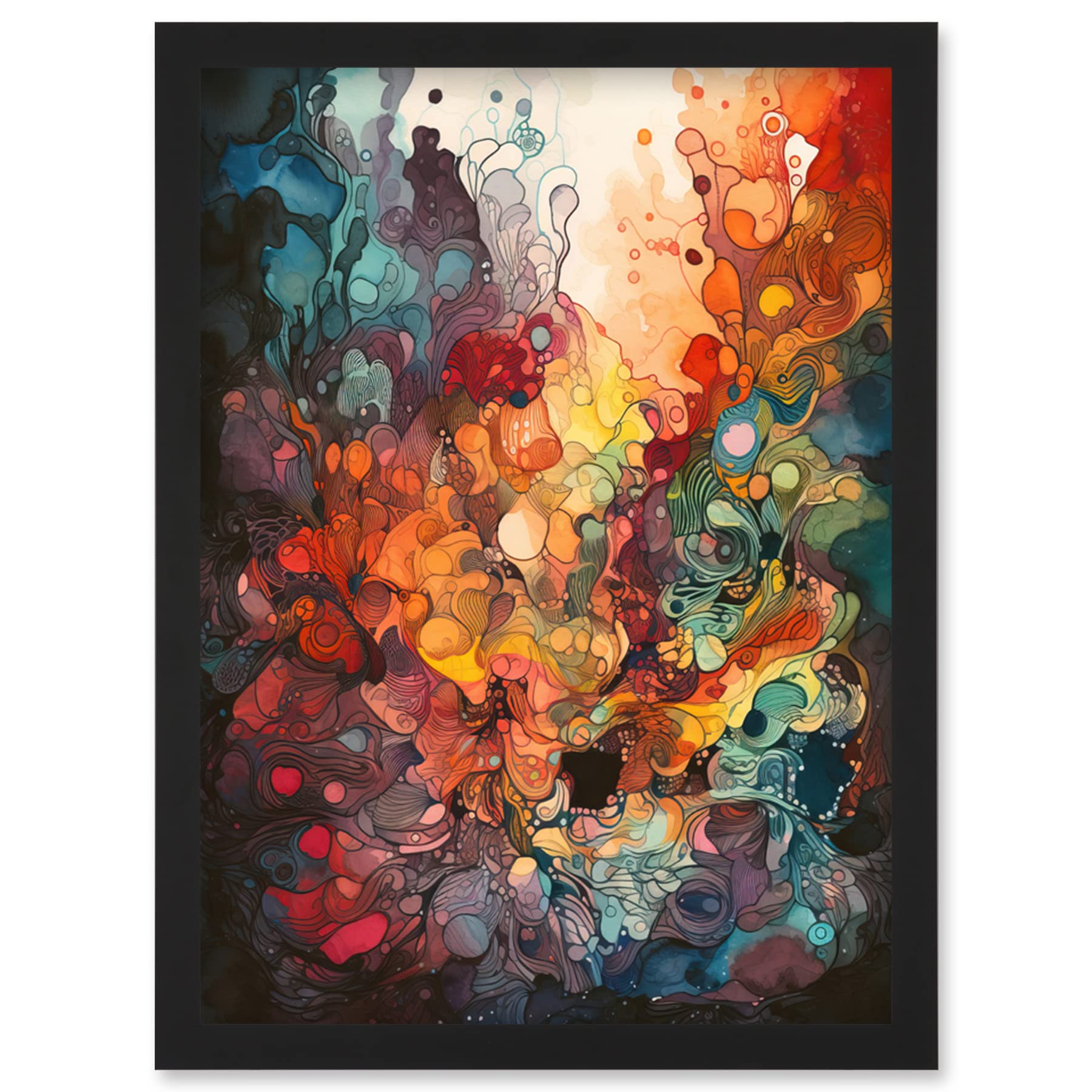 Artery8 Acrylic Colour Painting Artwork Framed Wall Art Print A4 - Abstract Coral Reef Organic Shapes - Modern Rainbow