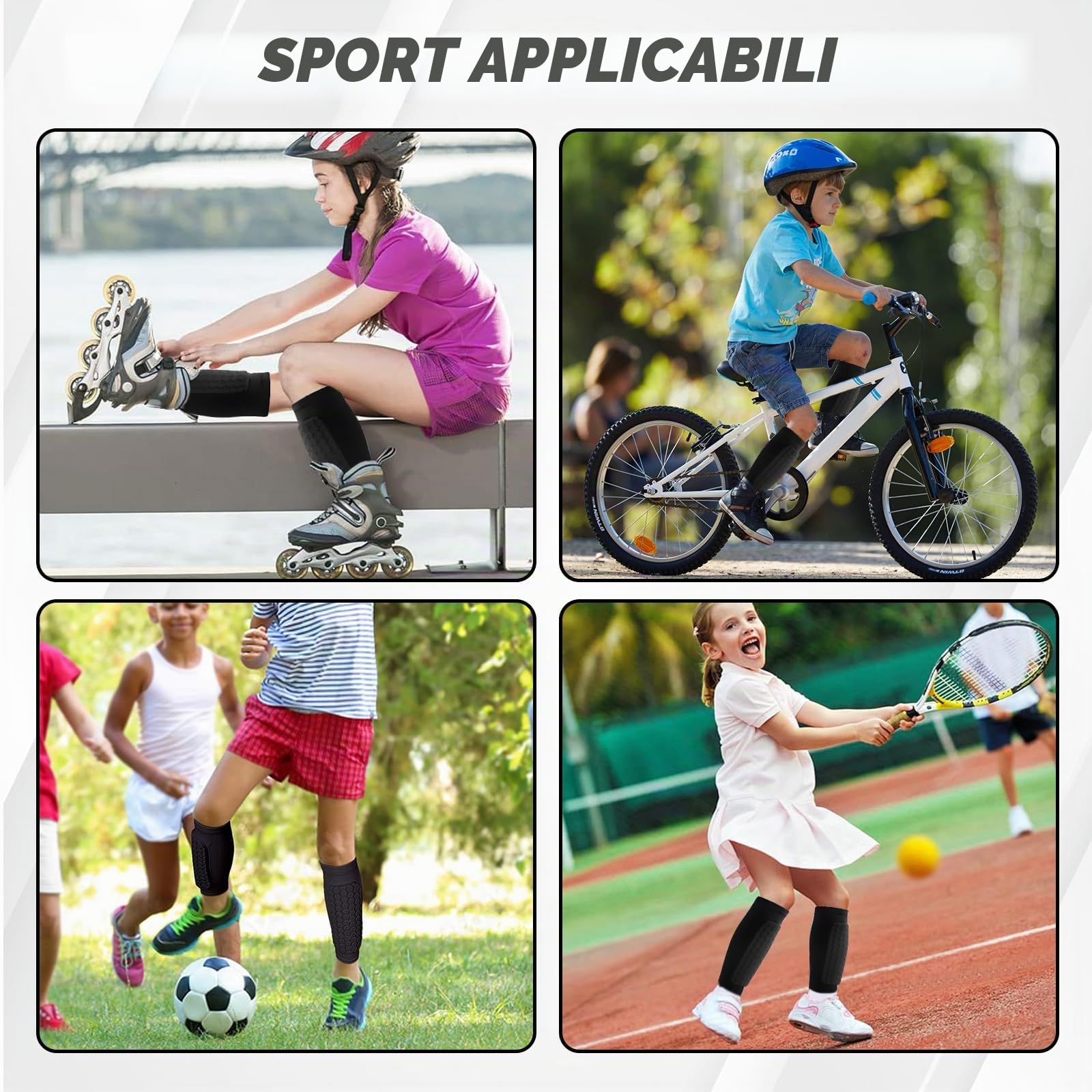 Set di Parastinchi Sport, 1 Paio di Portalastinchi Bambini, & 1 Paio di Calzini Sport Antiscivolo | Set Completo con Antiscivolo per Calcio, Basket, Tennis, Corsa