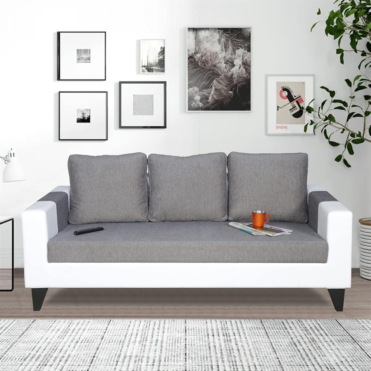 Adorn India Ashley Plain Leatherette Fabric 3 Seater Sofa (Grey & White) (3 Year Warranty) Adorn India Ashley Plain Leatherette Fabric 3 Seater Sofa (Grey & White) (3 Year Warranty)
