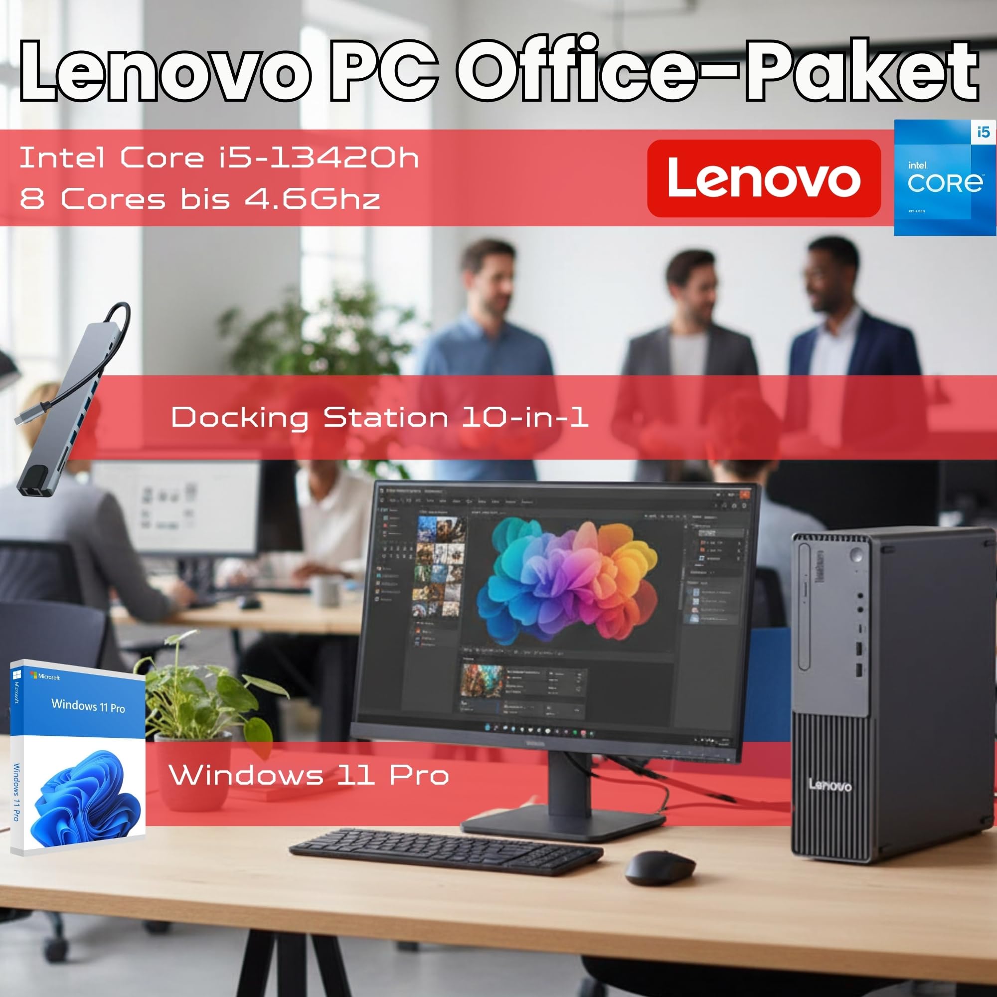 Lenovo Bundle PC Gen5 SFF + Monitor ThinkVision 27″ IPS 100 Hz | Intel Core i5-13420H, 2026 16GB RAM ddr5, 512GB SSD, Windows 11 Pro, Monitor Full HD Docking Station 10 in 1 Garanzia 36 Mesi