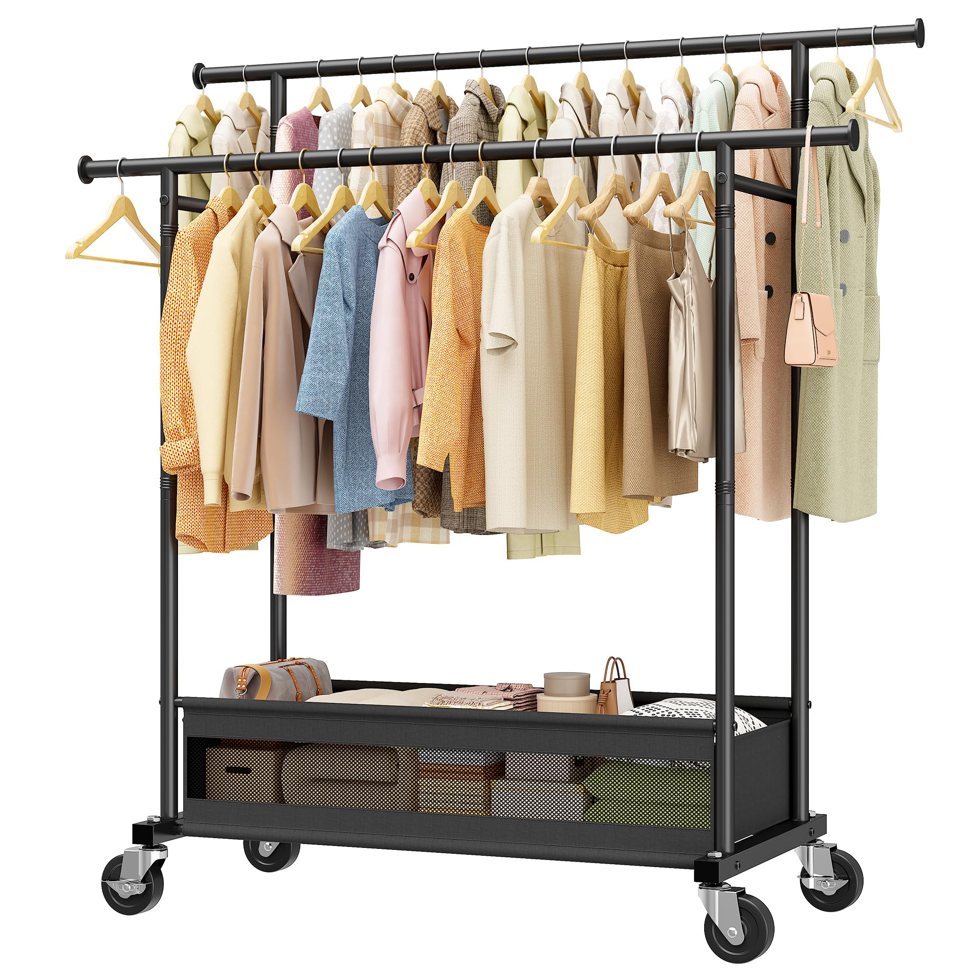 Clothes Rack Double Rods Clothing Rack Clothing Racks for Hanging Clothes Rolling Clothes Rack with Storage Basket Heavy