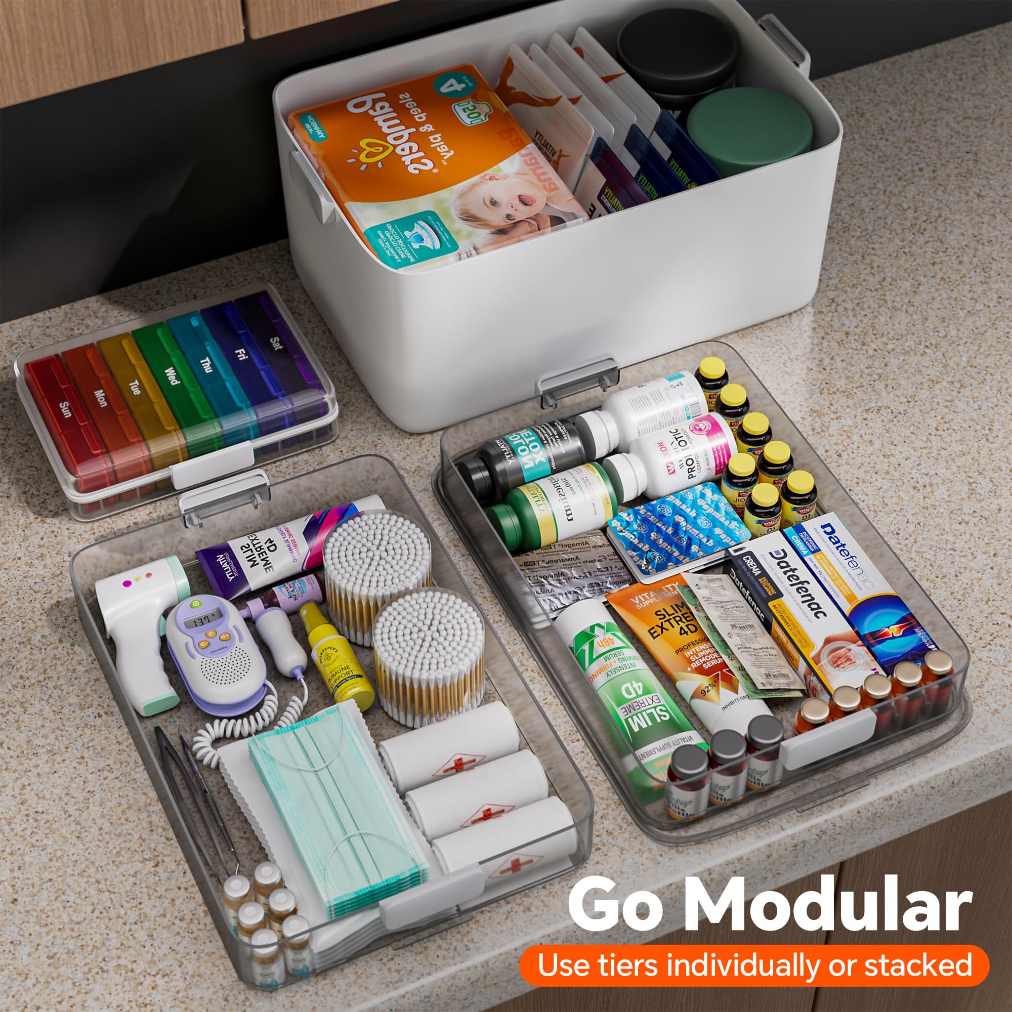 CTIME Juego de organizador de medicamentos para el hogar de 3 niveles, botiquín portátil con mango de cuero y pastillero, kit de primeros auxilios vacío para el hogar/personas mayores