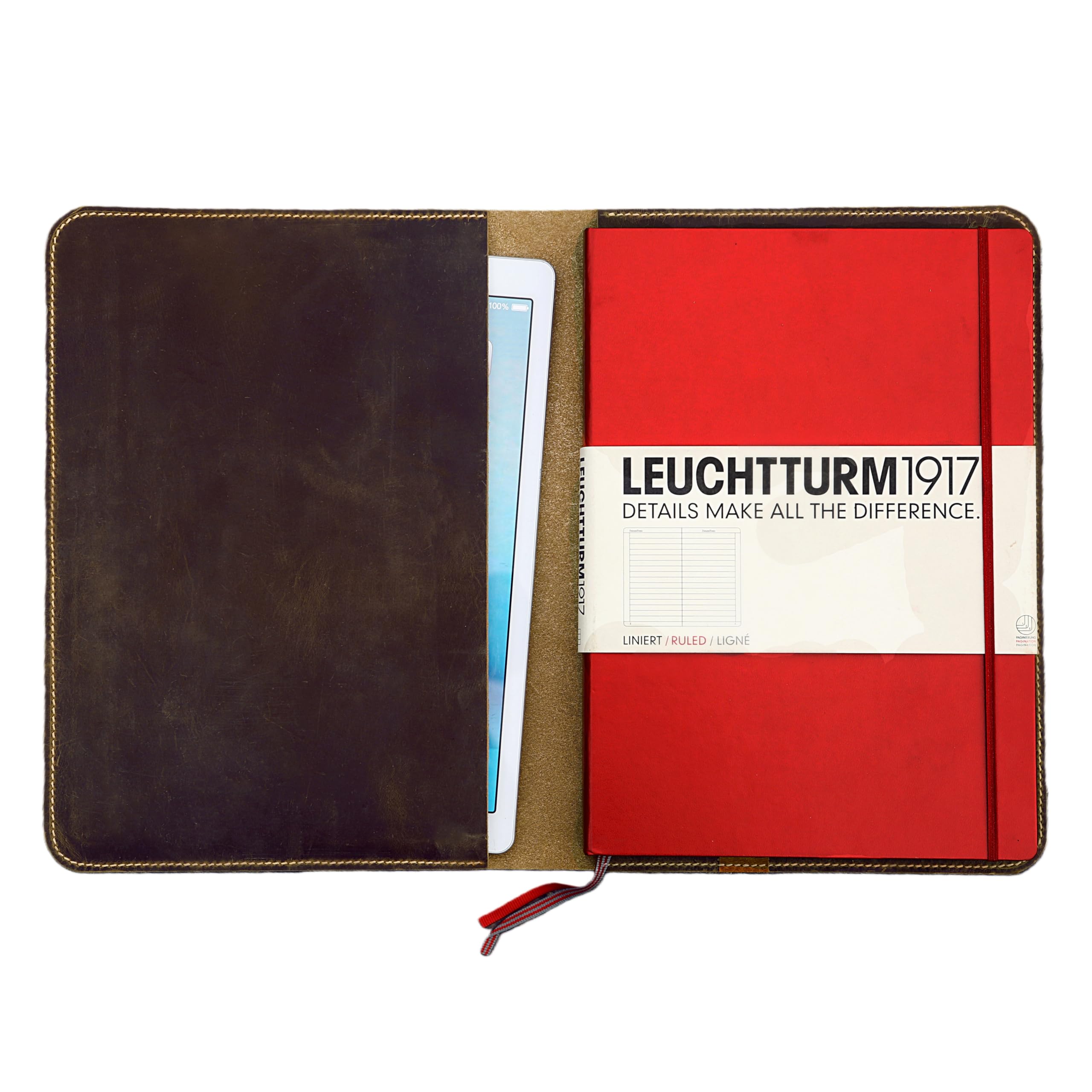Handgenähte A4+ Notizbuchhülle aus Full Grain „Crazy Horse“ Leder – passend für Leuchtturm1917 Master Classic & Master Slim – schlanke Schreibmappe/Leder Cover A4+, personalisierbar