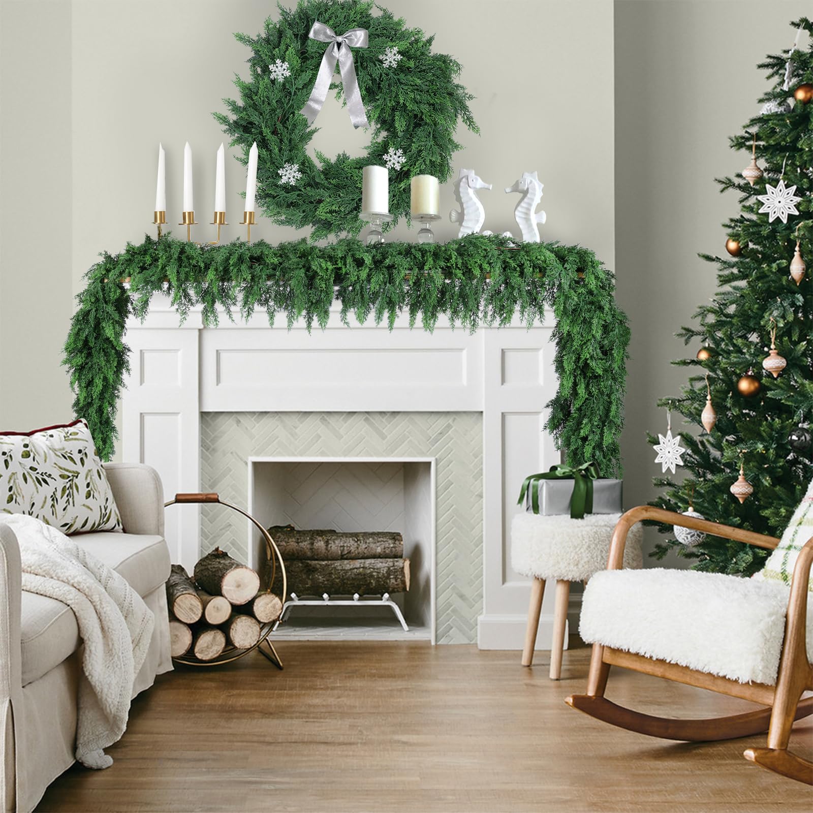 Rowfad Lot de 2 guirlandes de cèdre de Noël de 2,7 m - Guirlande de verdure artificielle verte réaliste pour table, cheminée, mur, intérieur et extérieur - 2,7 m