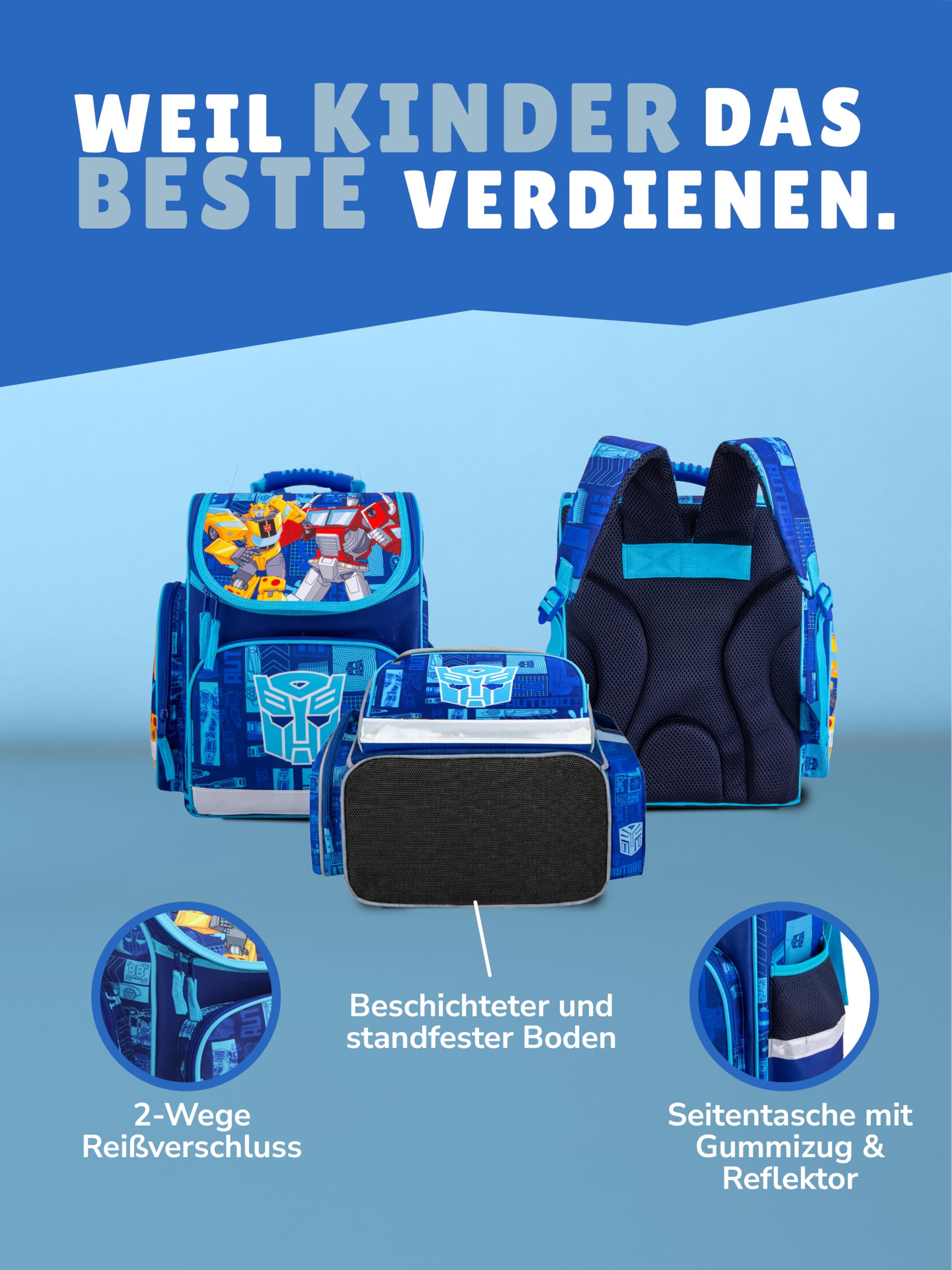 Familando - Schulranzen Set - 9-teilig mit Lunch-Set - Transformers - Ergonomisch, stabil & mit gepolstertem Rücken - 930g leicht - 15L Volumen - Mit Reflektoren - Für Grundschule ab 1. Klasse