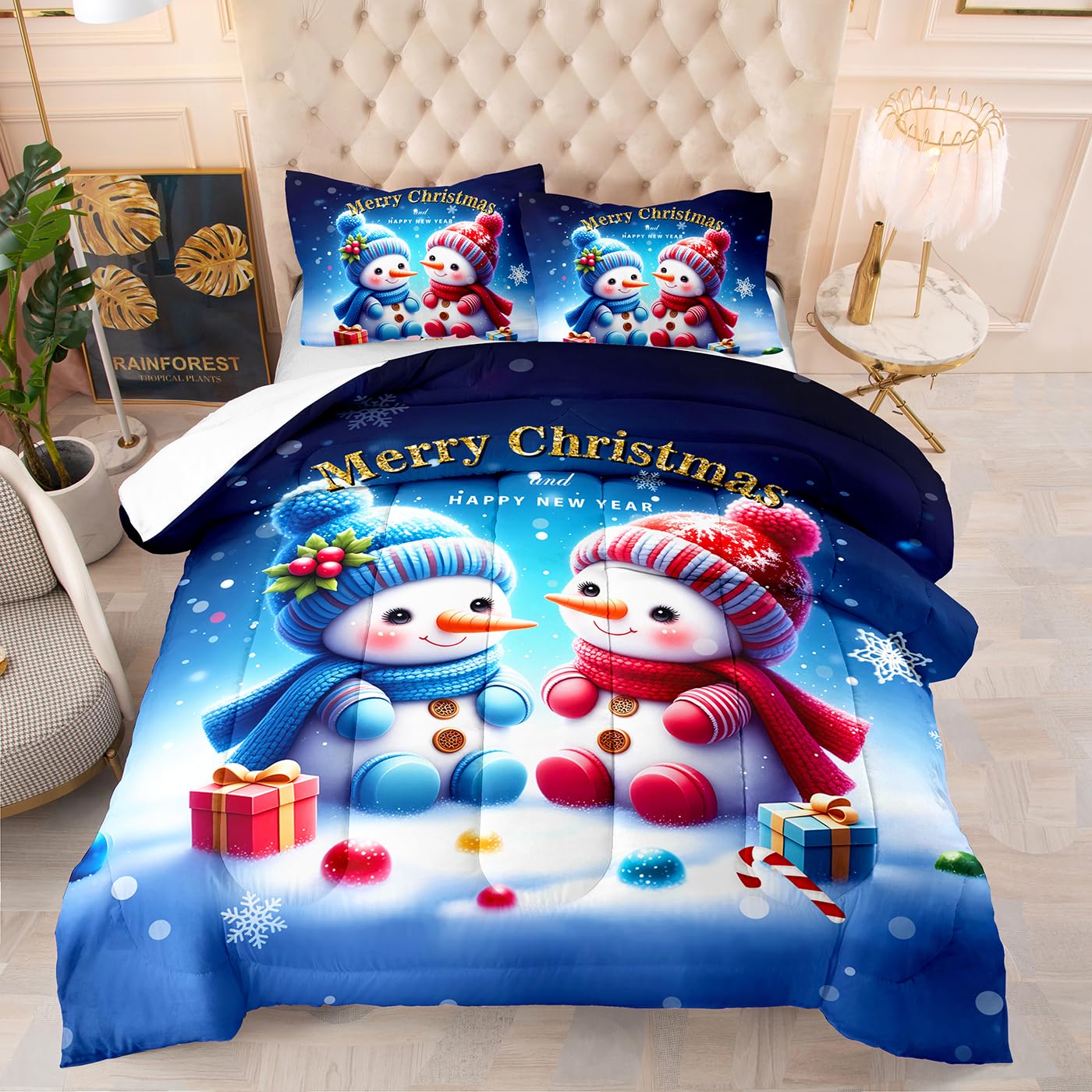 Single Duvet Christmas Snowman Printed Coverless Duvets All-Season Down Alternative Quilted Duvet,200Gsm Microfiber Filling,Quilted With 2 Pillow Shams