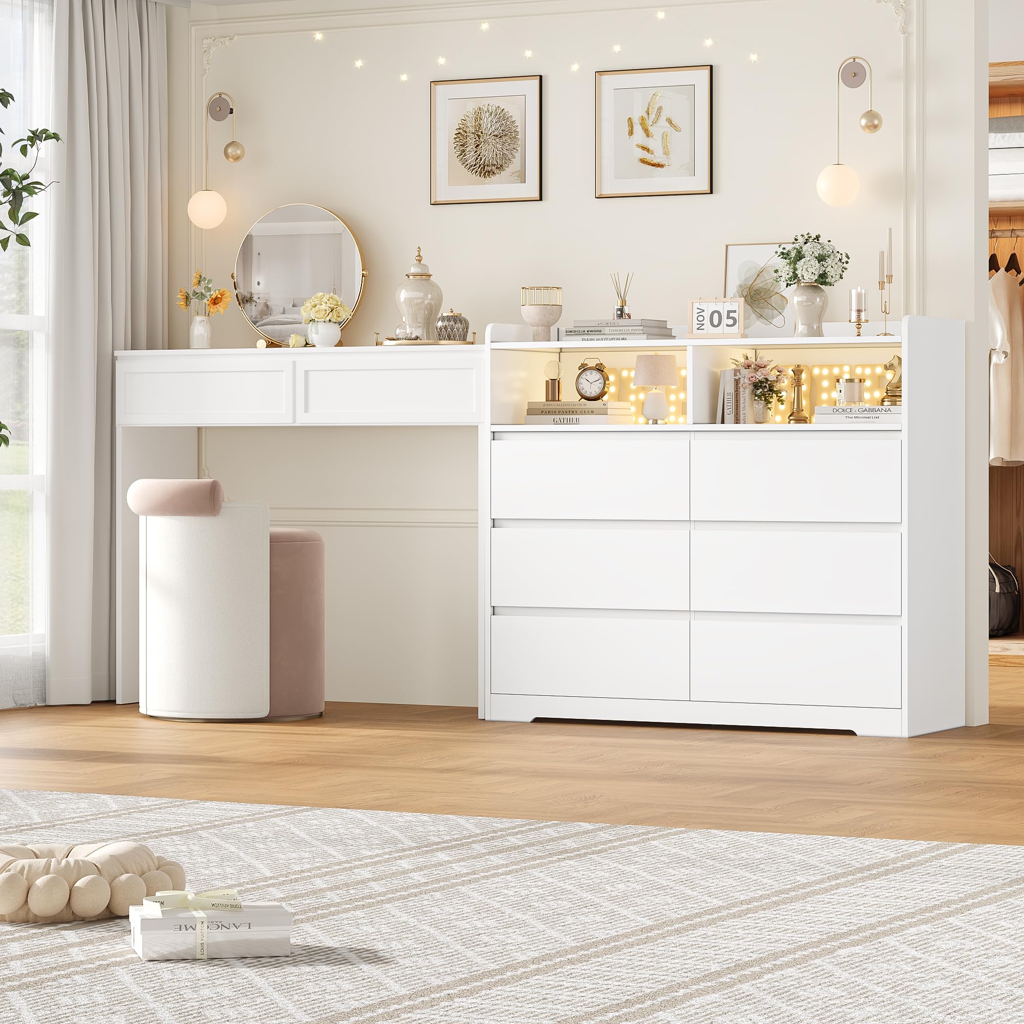 FOTOSOK White Dresser, Dresser for Bedroom, 6 Drawer Chest of Drawers
