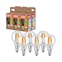 OSRAM Energy Class nella classica forma mini sferica, 3,8 W ,  806 lm, EEK A, luce bianca calda (2700 K), CRI 80, in vetro senza piombo di colore trasparente, attacco E14, IP20, 45 mm DM, 6 pacchi