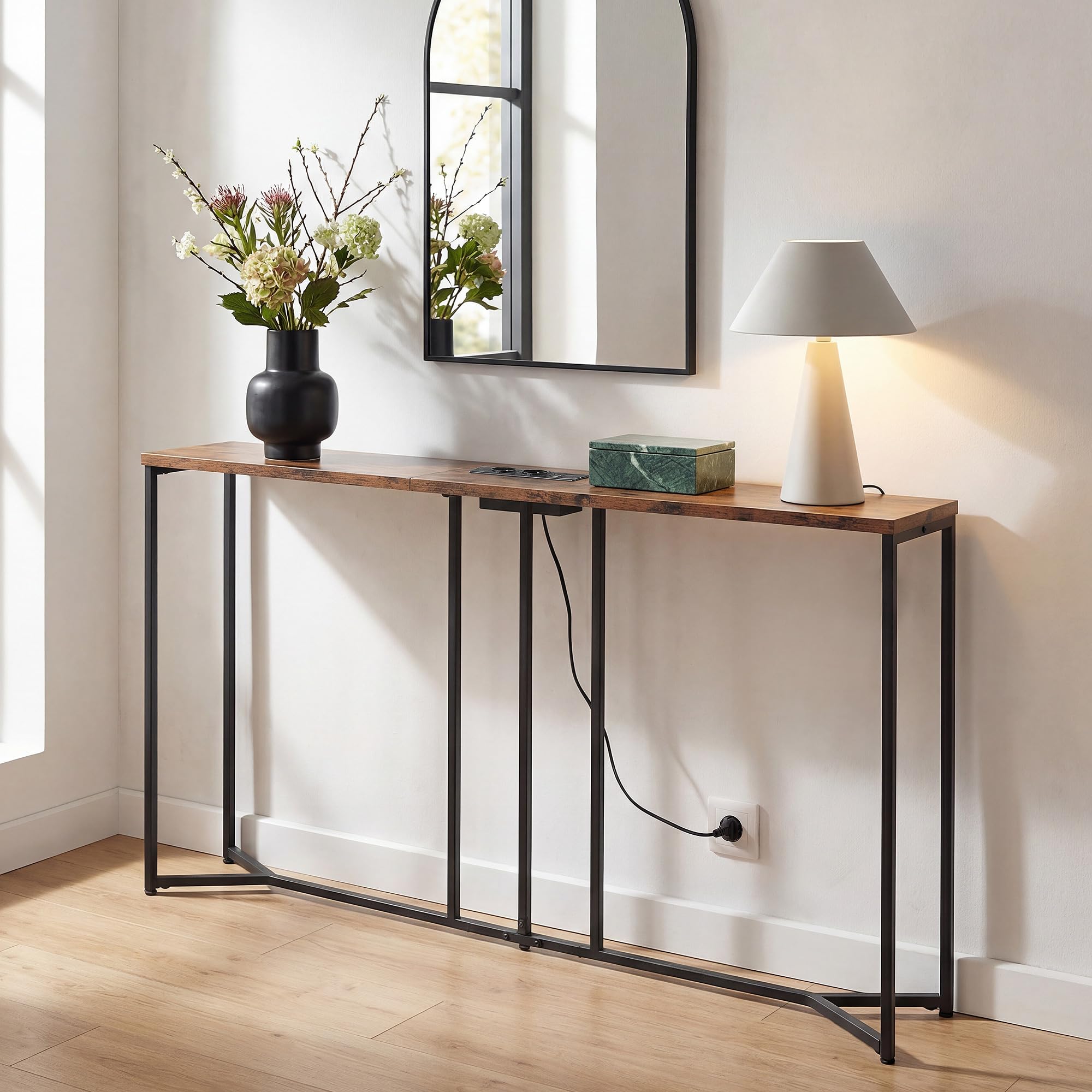 YITAHOME Konsolentisch mit Steckdosenleiste, L-förmiger Konsolentisch Shmal mit Ladestation, 2 Steckdosen und 2 USB-Anschlüsse, Sofatisch, für Eingangsbereich, Flur, 3 Kombinationsmodi, Schwarz