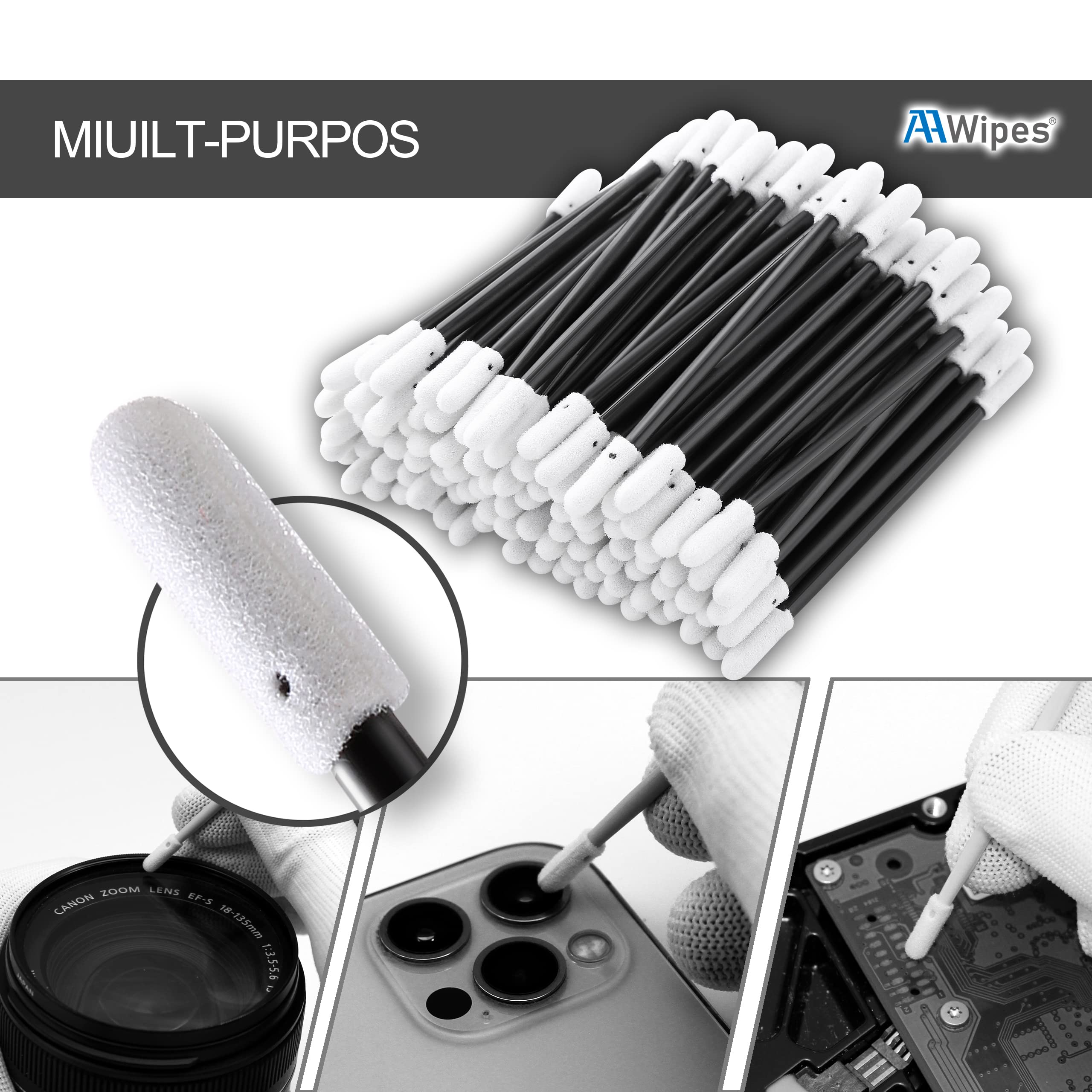 AAwipes 3" Schaum-Reinigungstupfer Doppelte Runde Spitzen (200 Stk, Schwarz, 3,2 mm Doppelte Spitzen, 76 mm Länge), Doppelspitzige Q-Tip Schaumtupfer Reinigungsstäbe (D7220BLK)