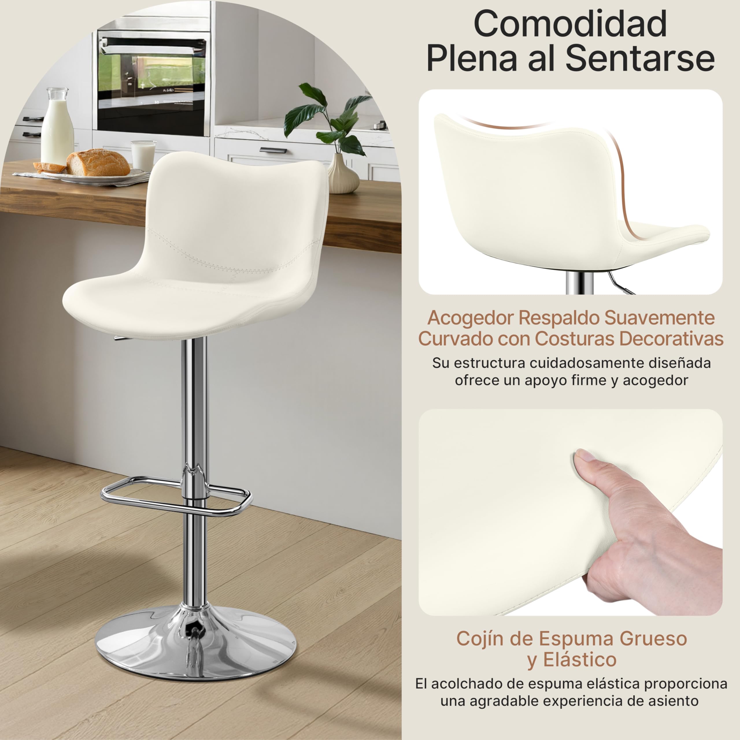 Yaheetech Juego de 2 Taburetes de Bar, Silla de Polipiel sin Reposabrazos | Sillas Giratorias con Respaldo Reposapiés Altura Ajustable Blanco