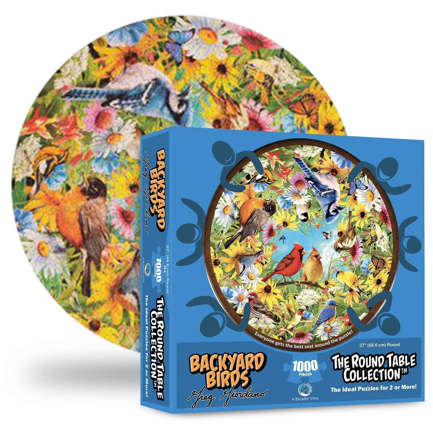 A Broader View Backyard Birds Round Table Puzzle - 1000 Pieces, Jigsaw Puzzles for Adults & Kids, Suitable for Groups of 2 or More, Everyone Gets The Best Seat at The Table, Incl. 12x12” Poster