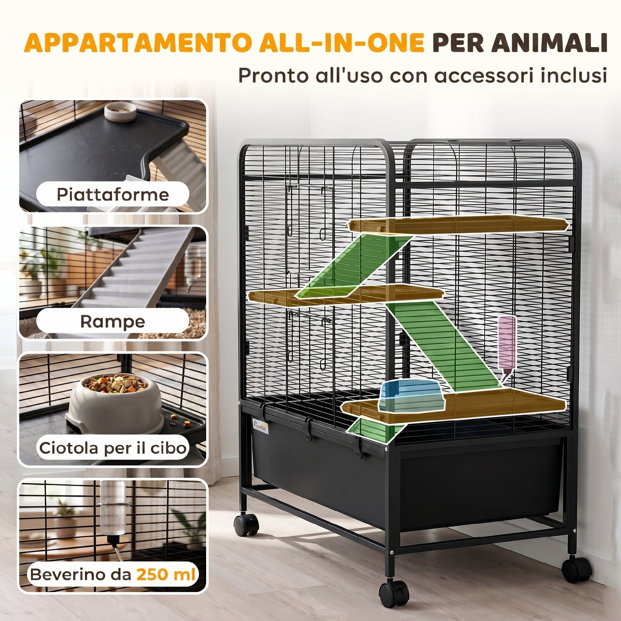 PawHut Gabbia per Conigli in Acciaio a 4 Livelli con Piattaforme, Rampe, Ruote, Serbatoio Acqua, Ciotola e Vassoio Rimovibile, Gabbietta per Criceti, Porcellini d'India, Furetti, 75x46x94.5 cm, Nero