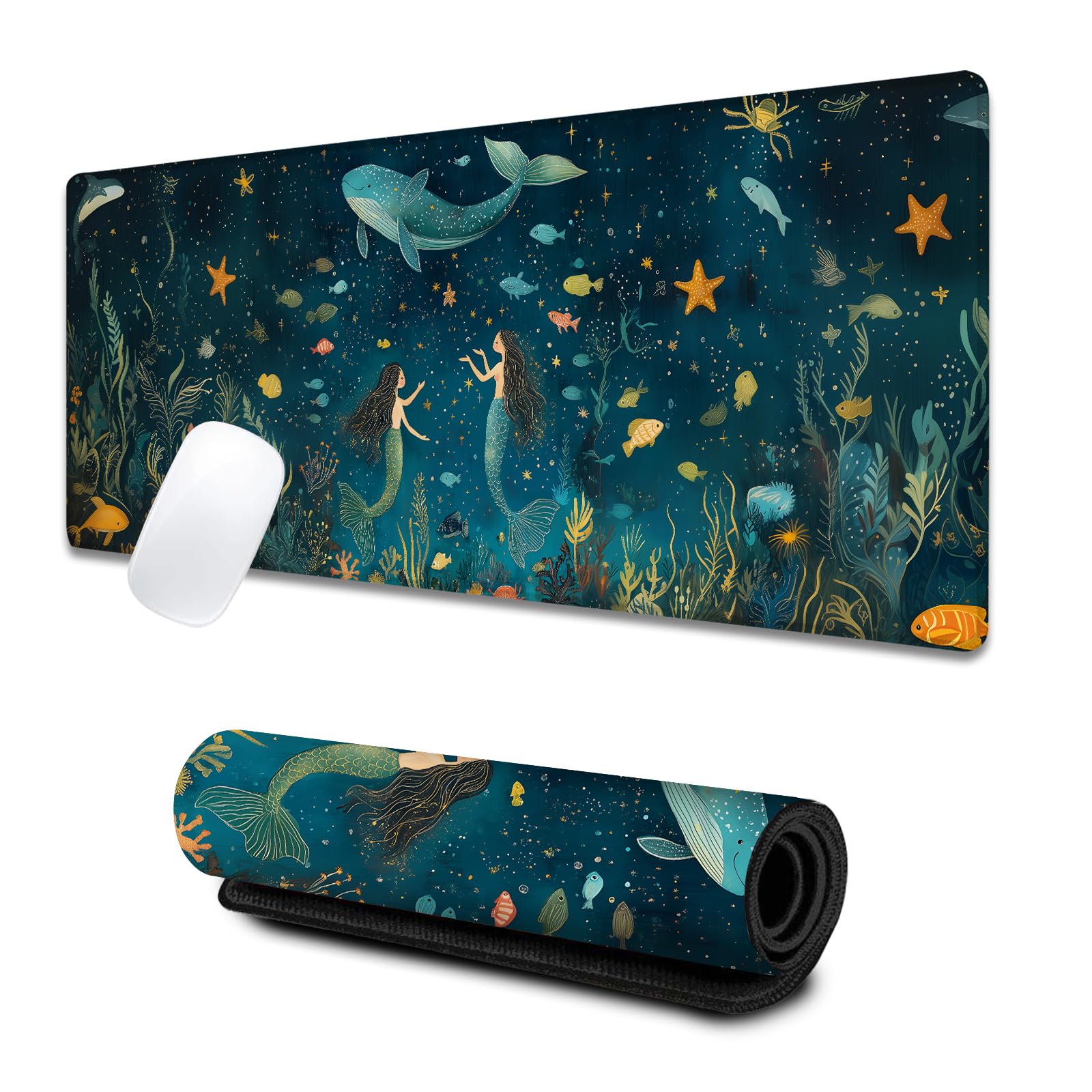 VODRM Mermaid and Whale Large Gaming Desk Mat,Rubber Non-Slip Magical Underwater Marine Life Mouse Pad,31.5x11.8x0.12in Extended Ocean Mousepad,Game