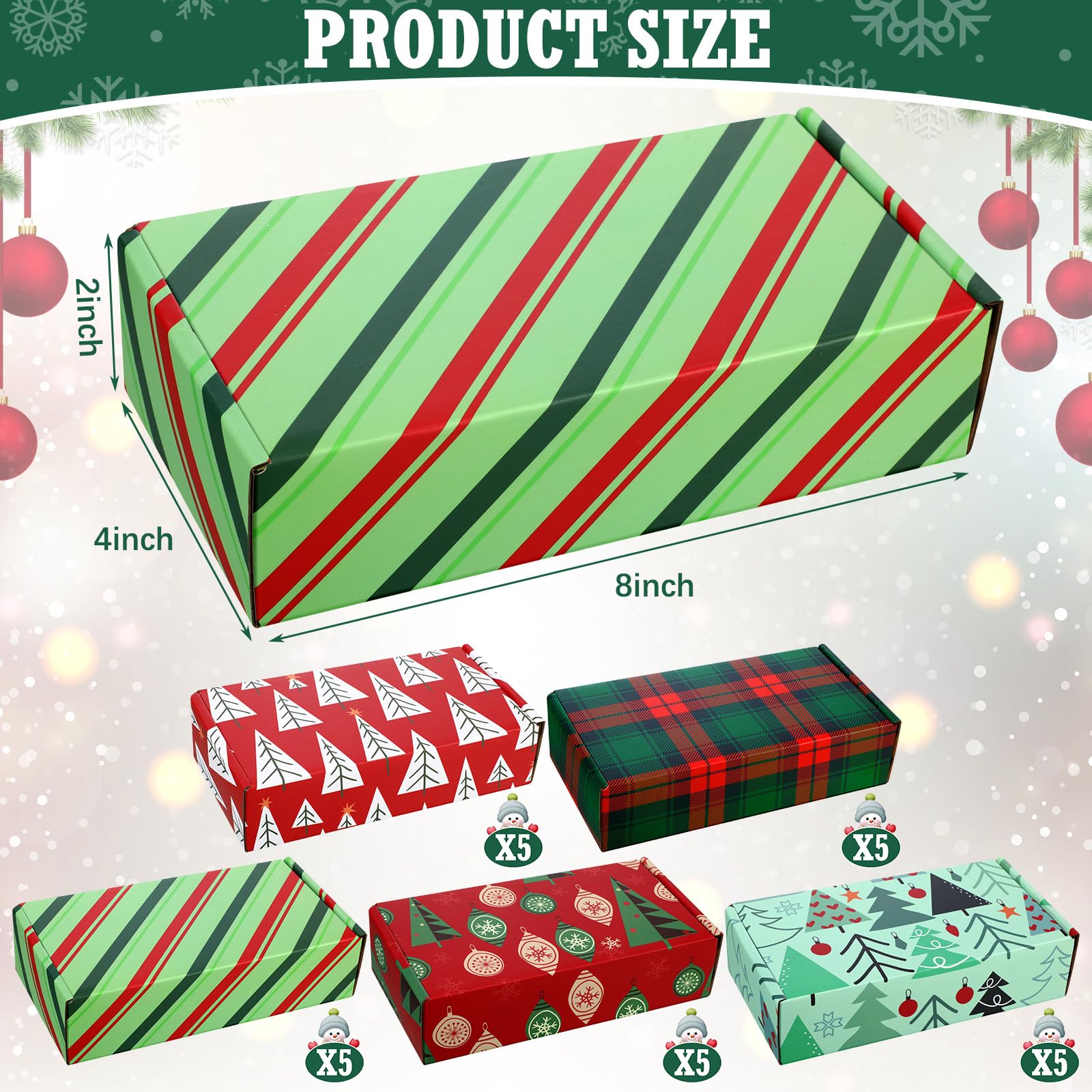 Zhanmai Lot de 25 boîtes cadeaux de Noël en carton ondulé pour petites entreprises, cadeaux d'emballage de chaussures (style classique, 10,2 x 20,3 x 5,1 cm)