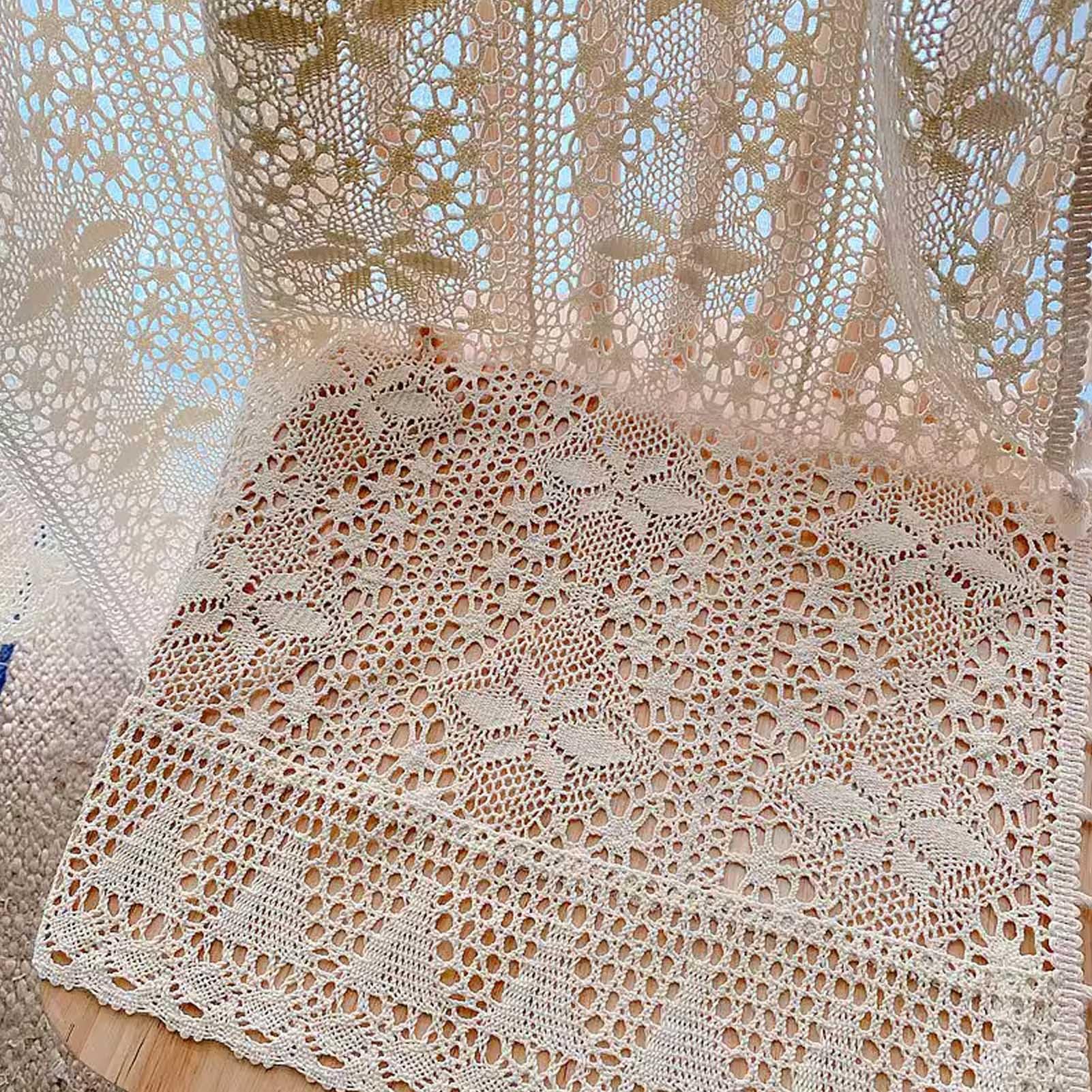 Rideaux en Dentelle Beige Shabby Chic avec Pompons, Rideaux De Fenêtre Vintage Creux en Coton Style Bohème pour Cuisine, Salon, Chambre à Coucher, 1 Panneau