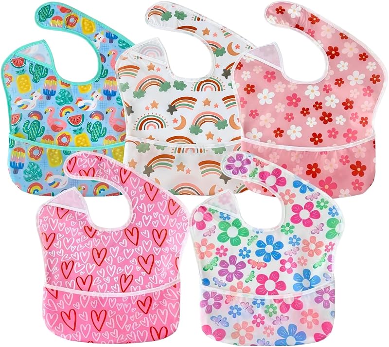 5 Pack Baby Bibs for Boys & Girls, Waterproof Adjustable Mealtime Bibs for Toddler 6-24 Months, Lightweight Soft
