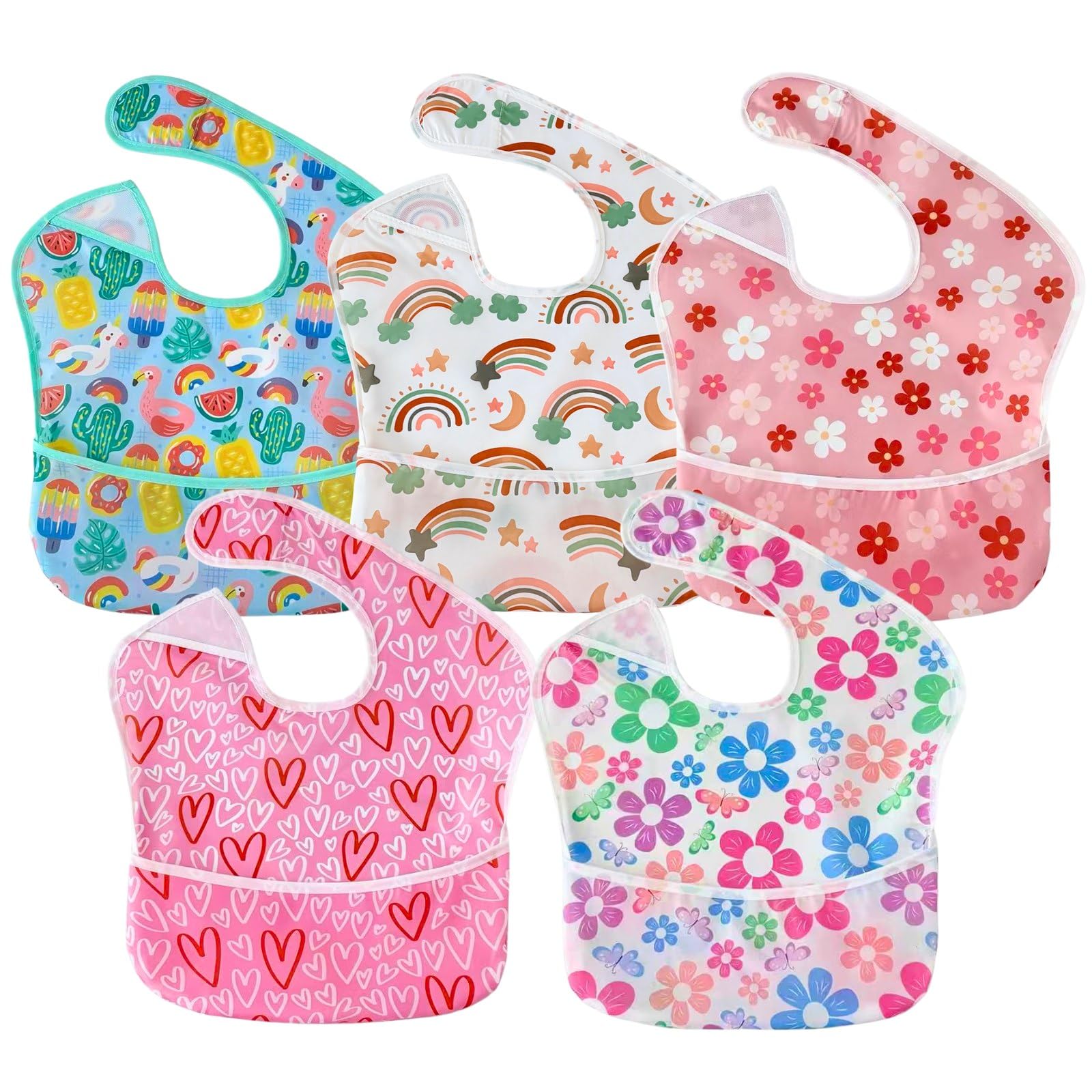 PandaEar 5 Pack Baby Weaning Bibs for Feeding, Waterproof Adjustable Toddler Bibs for 6-24 Months, Lightweight Soft (Pink)