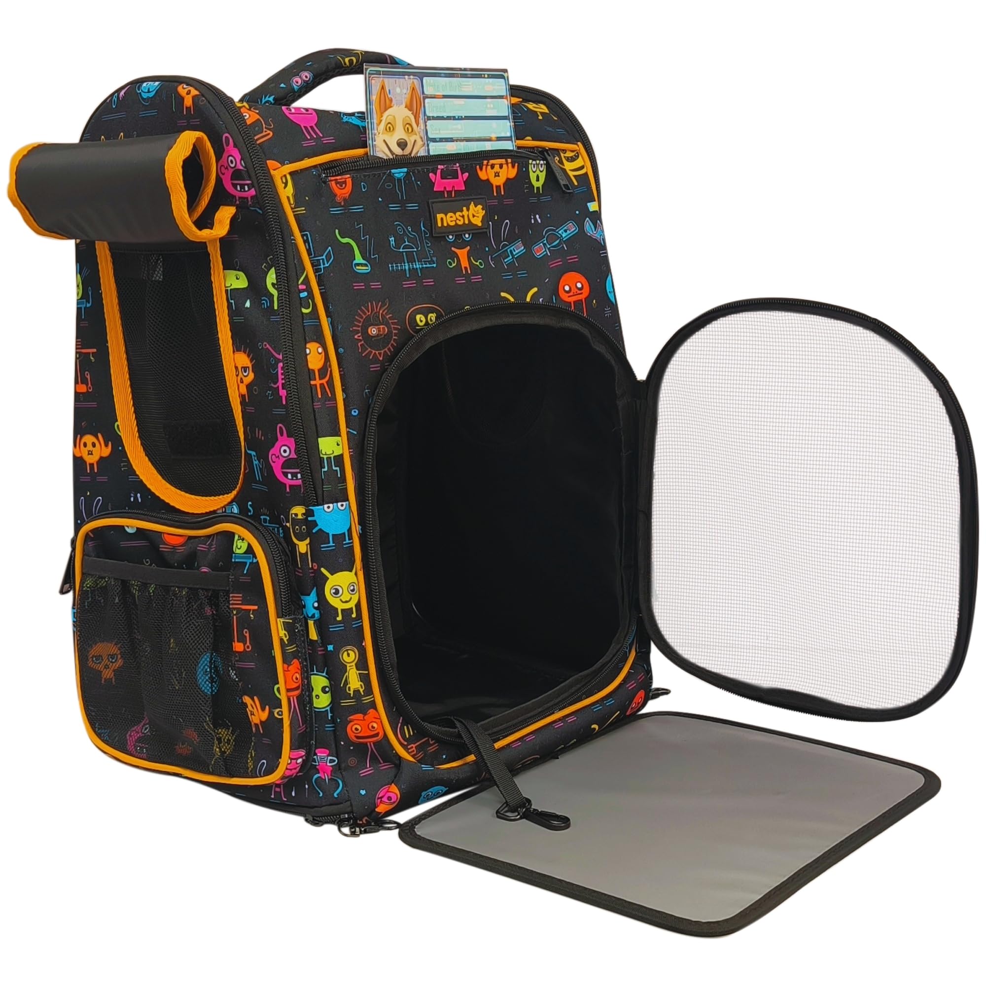 Mochila Transportin Mascotas para Perros Y Gatos Pequeños y Medianos, Maximo 5kg, Gatos Grandes, Plegable Y Resistente, Ideal para Viajes y Paseos (Naranja-Extraterestres)