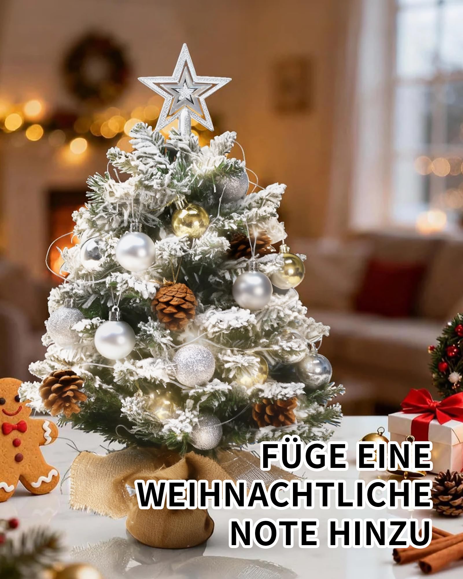 Künstlicher Weihnachtsbaum mit Beleuchtung, Geschmückter Mini Weihnachtsbaum inklusive Schmuck und stabilem Stoffsockel für Festliche Tischdeko, Weihnachten