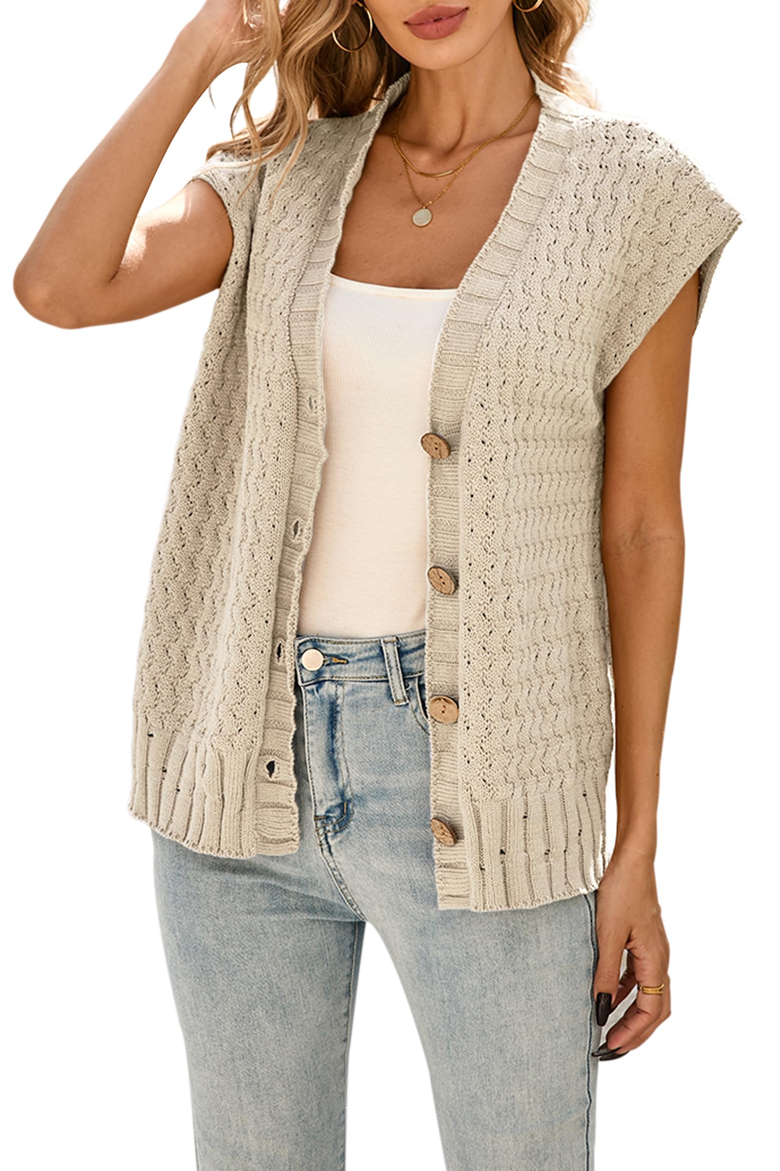 Cakulo Womens Cable Knit Sweater Vest 2025 Oversized Sleeveless Button Down Summer Cardigan Sweaters Tops