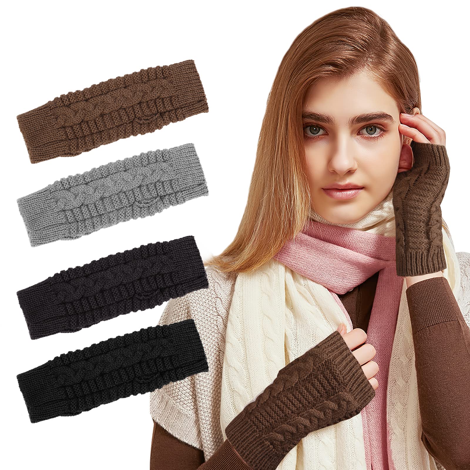 TAGVOWomen Fingerless Gloves 4 Pairs, Women's Winter Arm Fingerless Gloves Mitten Wrists Ribbed Knitted Warmers Arm Gloves with Hole For Ladies Gift