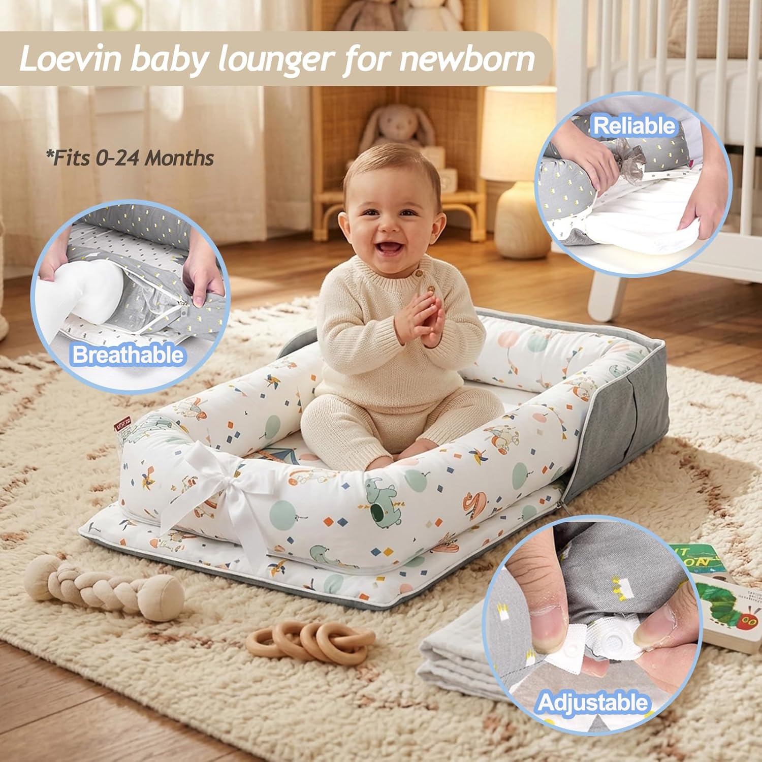 Baby Lounger for Newborn Portable Bag,Baby Lounger Play Mat Awake-Time,Newborn Babies Essentials Gifts 0-24 Months Home Travel(Crocodile Jungle)
