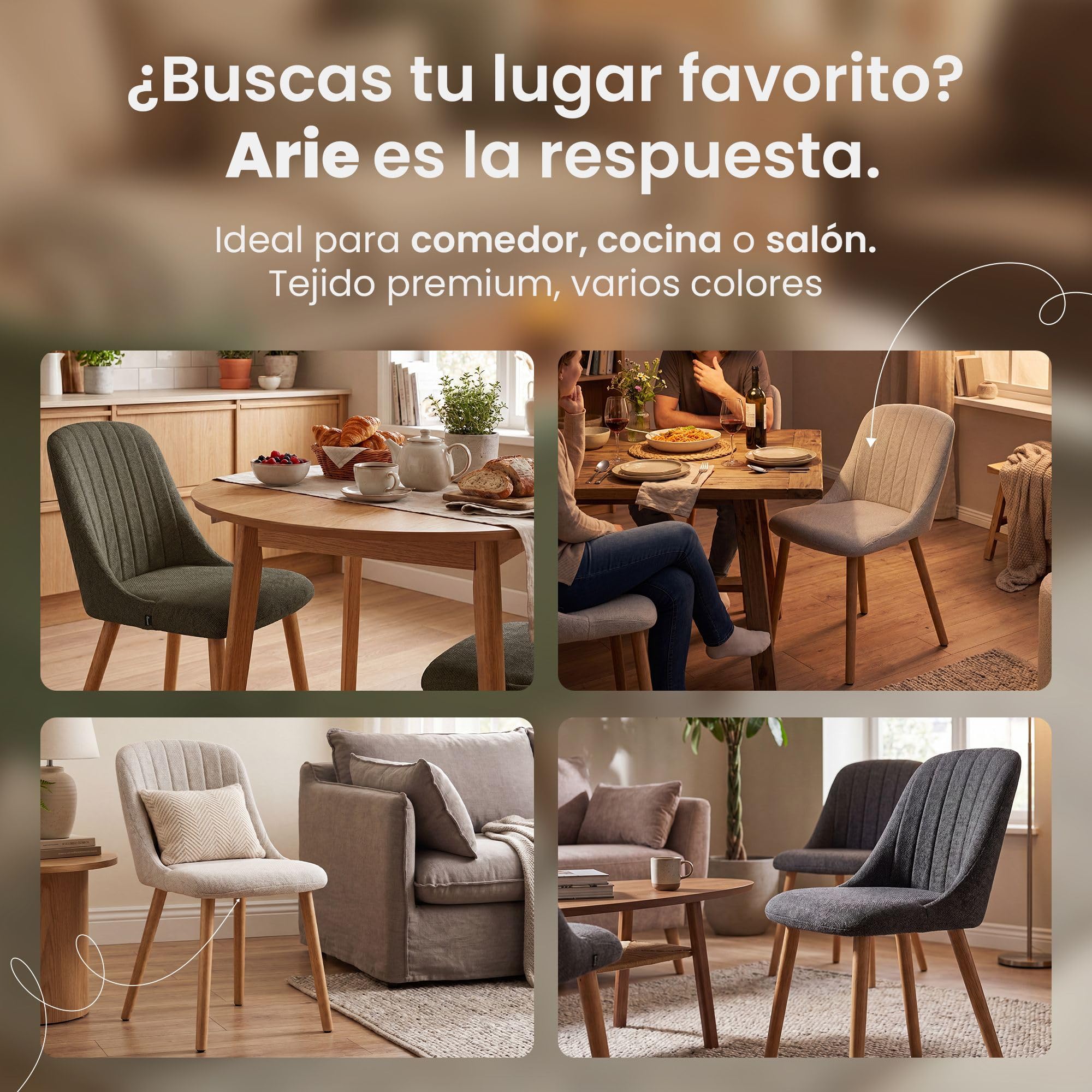 CLP Silla de Comedor Acolchada Arie con Respaldo, tapizada en Tela, Estructura de Madera hasta 150 kg para Cocina y salón Color:marrón