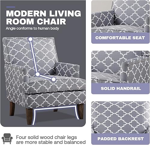 Miniatura 14 de Sofá con acento floral, silla con respaldo alado, cómoda silla de club, silla individual tapizada con brazos de lectura para sala de estar y Beige