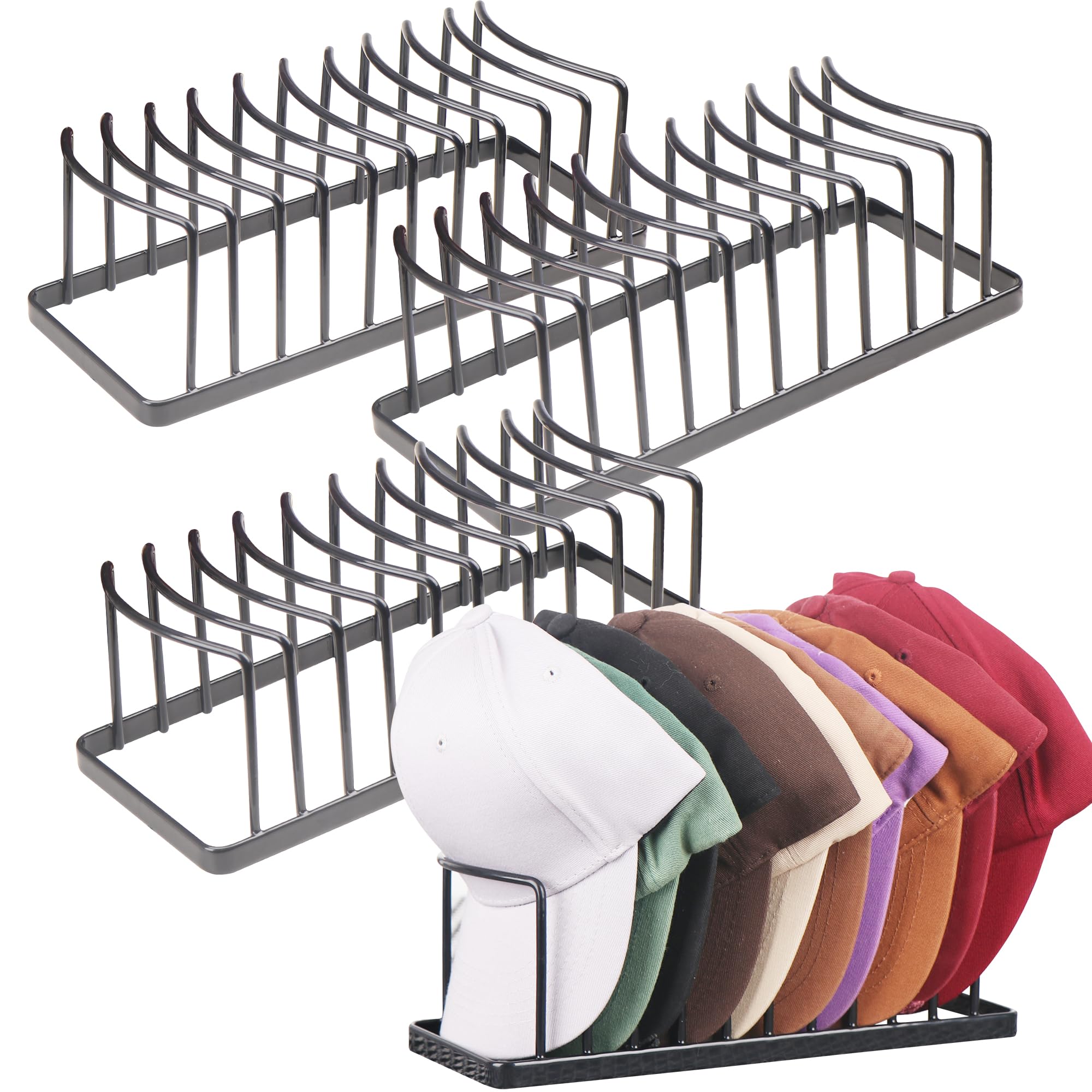 YiSeyruo 4 Pack Baseball Cap Organizer, Metal Hat Rack Holds 40 Caps, Free-Standing/No Install Hat Stand for Closet Shelf & Tabletop, Space-Saving Hat