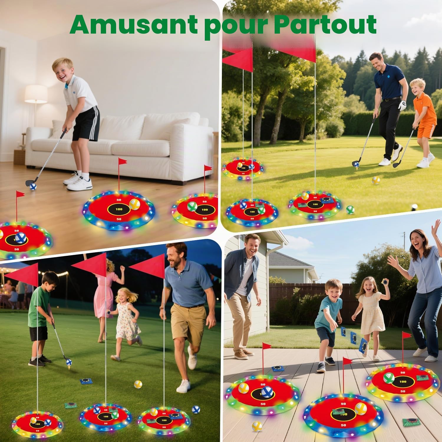 VATOS Golf lumineux 2 en 1 pour enfants – Jeu de golf et lancer de pouf avec 6 cibles LED, 2 clubs, 18 balles, jeu de golf de nuit pour intérieur et extérieur, fête, cour, cadeau de golfeur, jouets de