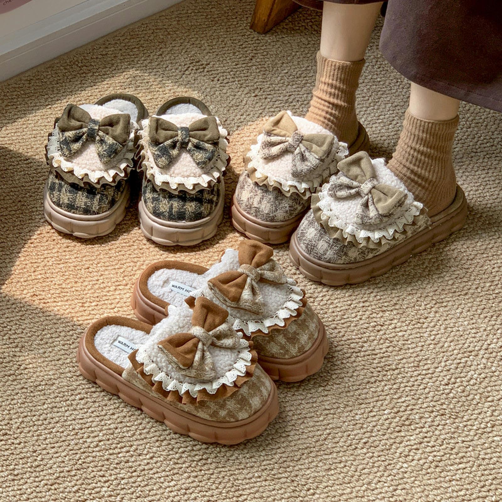 Pantofole Slifori di Cotone Bowknot per Donne Autunno E Inverno Interno E Usura Esterna più Velluto Caldo Non Slip-Verde Scuro-36 37