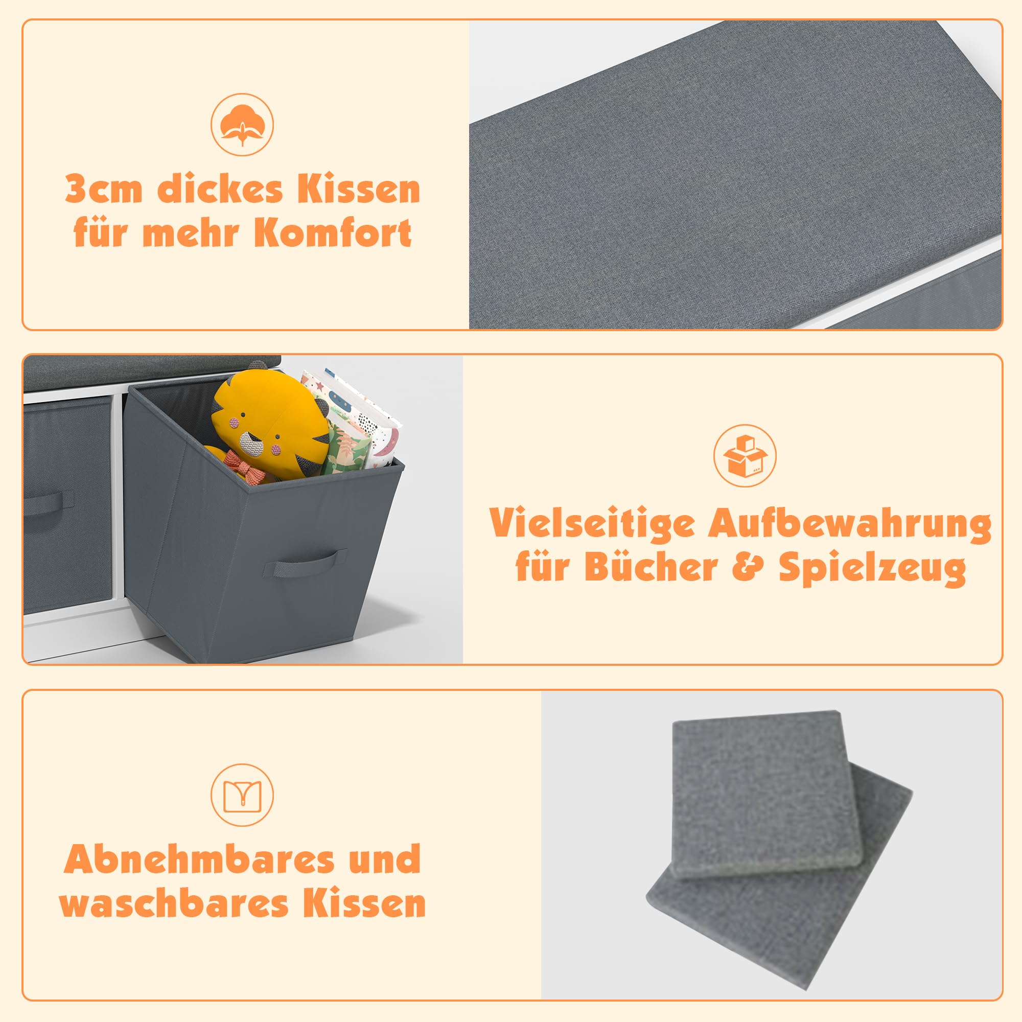 KEEPREAPER Kinderregal mit Kissen, Kinder Sitzbank mit 3 Aufbewahrungsboxen & 3 Fächer, Kinder Bücherregal, Spielzeugregal aus Holz, Aufbewahrungsregal für Kinderzimmer, 116x30x80cm, Weiß und Grau