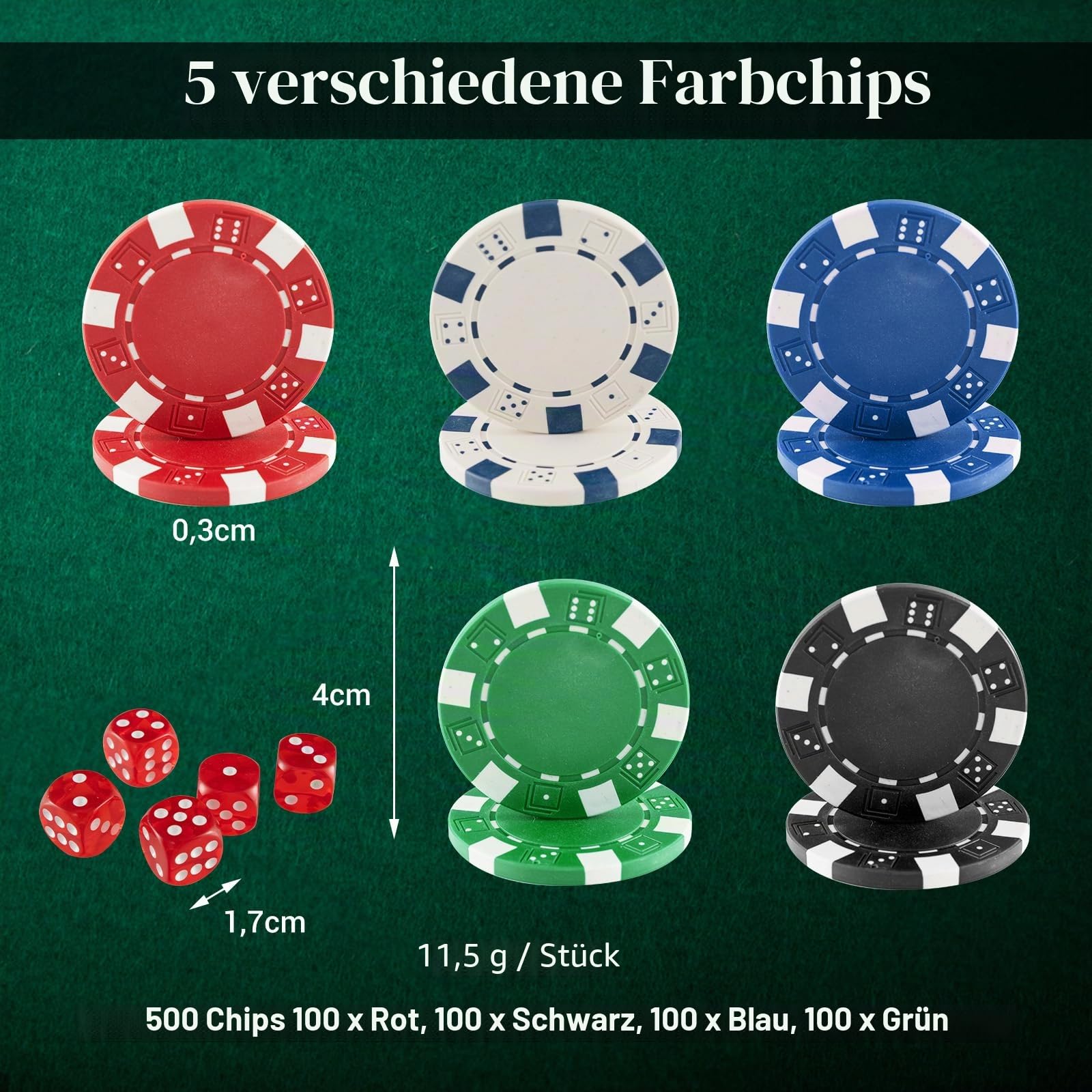 HOMASIS Pokerset mit 500 Chips, Poker Koffer mit 2 Kartendecks, 5 Würfel, Kasino-Matte, 3 Dealer Button, abschließbar Pokerkoffer Profi aus Alu, Komplettes Poker Set Pokerkarten für Partys (Schwarz)