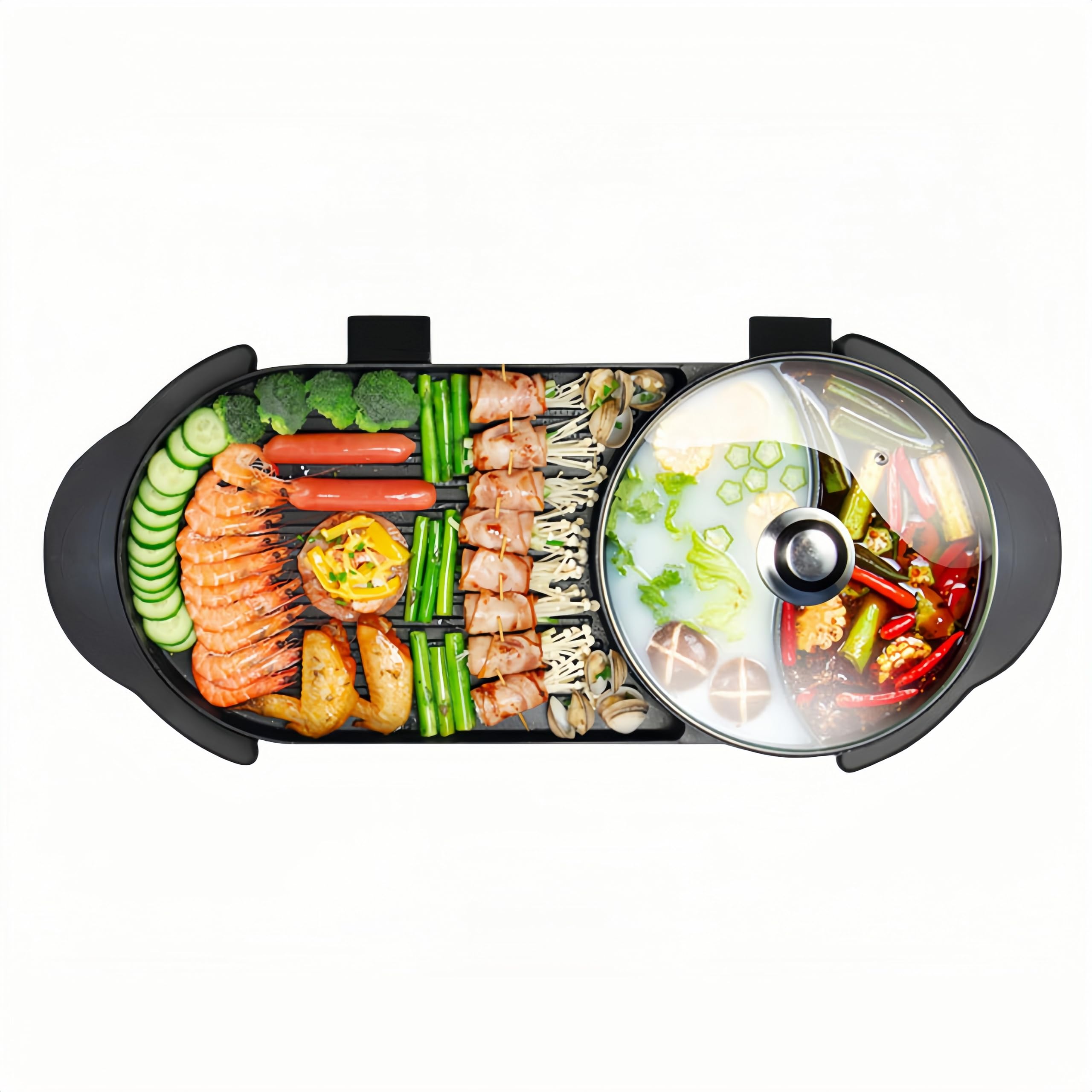 Hot Pot with Grill, 2000W Electric Smokeless Indoor Grill and Hot Pot, 2-in-1 Korean BBQ Grill and Shabu Shabu Pot with Separate Temperature Control, Hot Pot with Divider Non-Stick