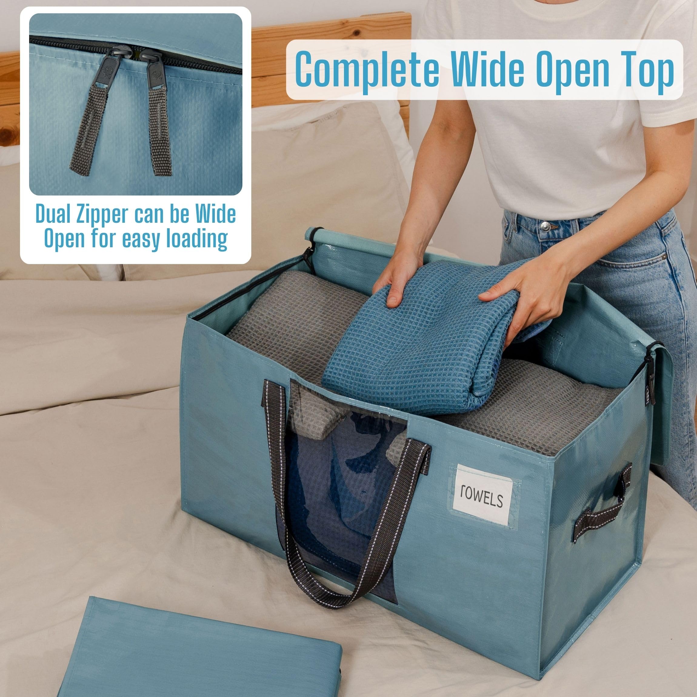 VENO 2 Pack Extra Large Moving Bags,Clothes Storage Bags for Blankets Bedding,Moving House Essentials,Waterproof Underbed Storage Packing Boxes,Laundry Bags Organiser (Light Blue - Image 3