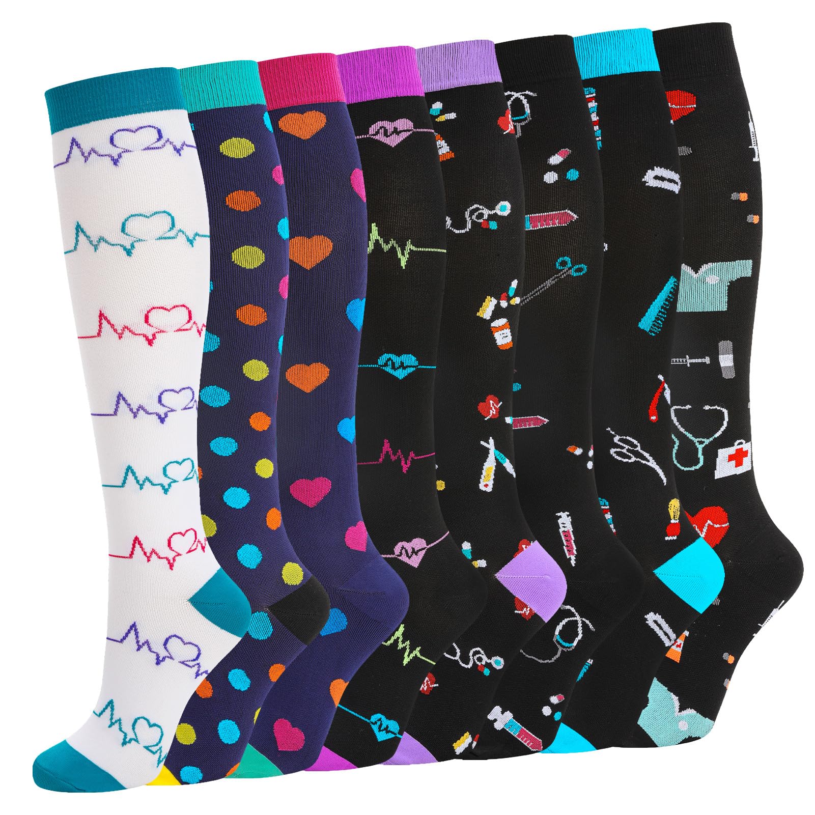 8 Paar Kompressionsstrümpfe Damen Herren,Kompressionssocken,Bunte Stützstrümpfe Compression Socks für Sport(40-46)