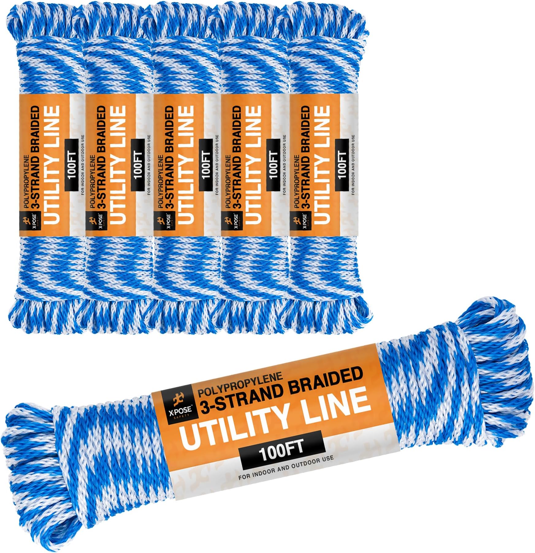Polypropylene Rope - Braided Utility Line - 100 Ft Rope - All Purpose Indoor & Outdoor Poly Rope Cord - Twisted Clothesline Rope, Sash Cord, Anchor Line, Camping, Marine, Pool, Nautical 6 Pack