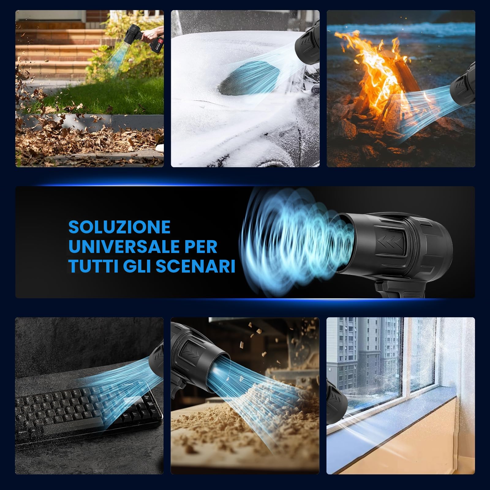 Soffiatore 21V 250000 tr/min, 130 MPH, 2 Batterie – Giardino/Auto/Campeggio | Motore 550 W, Portata 130 MPH, Leggero 0,8 kg, Impugnatura Ergonomica, Autonomia 30 min – Uso Interno/Esterno